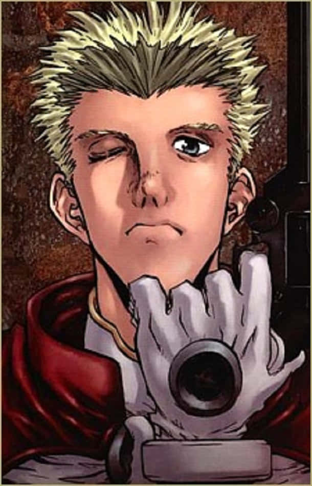 Trigun Millions Knives 桌布 壁紙 — 一個刺蝟頭動漫角色穿著紅色斗篷，戴著手套的手握著手槍，眼睛半閉，處於緊張時刻。