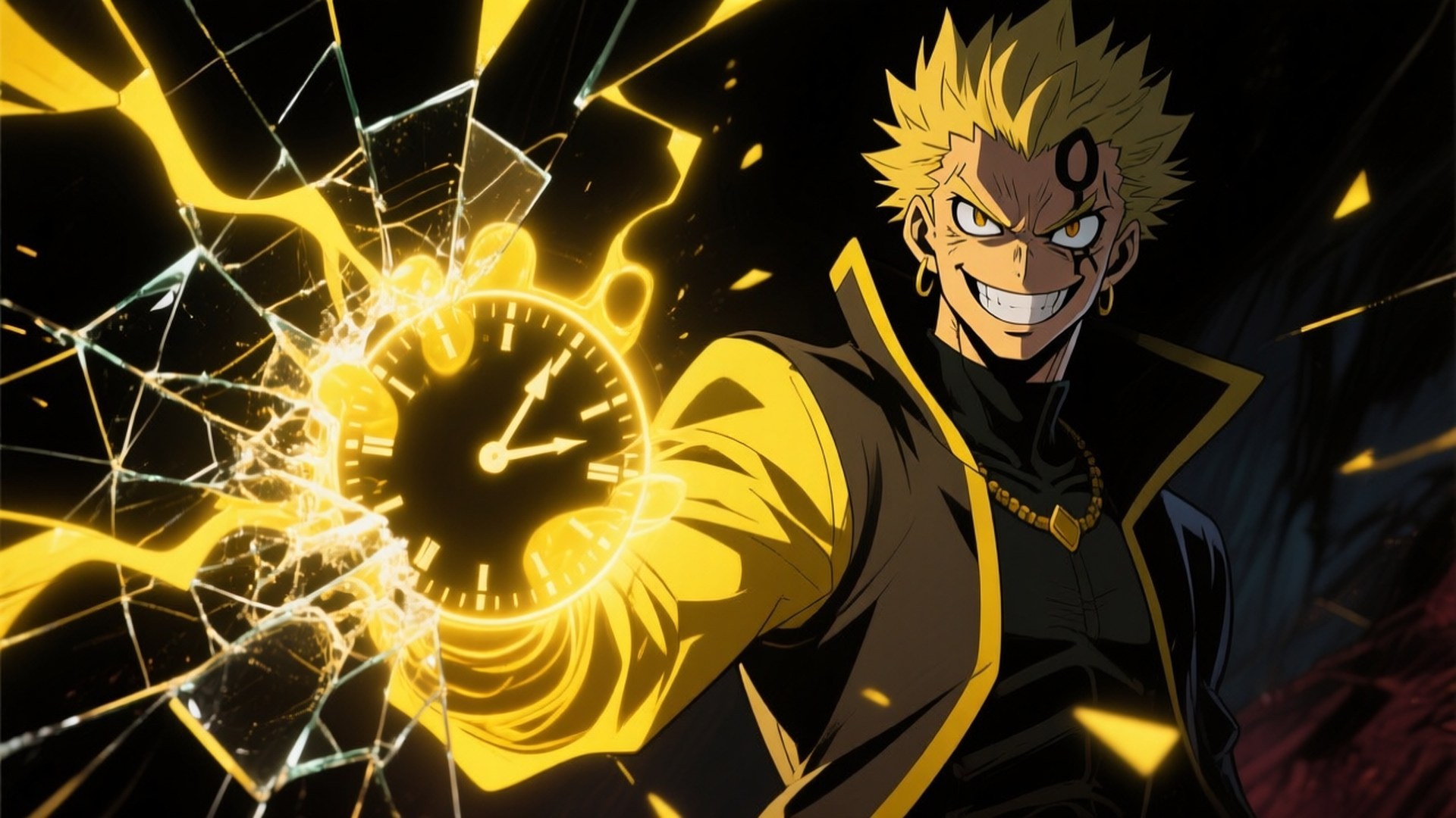 DIO's Time Stop 壁紙 — 一個刺蝟頭動漫戰士穿著黑金盔甲，咧嘴笑著粉碎一個帶有金色能量裂縫的發光時鐘。