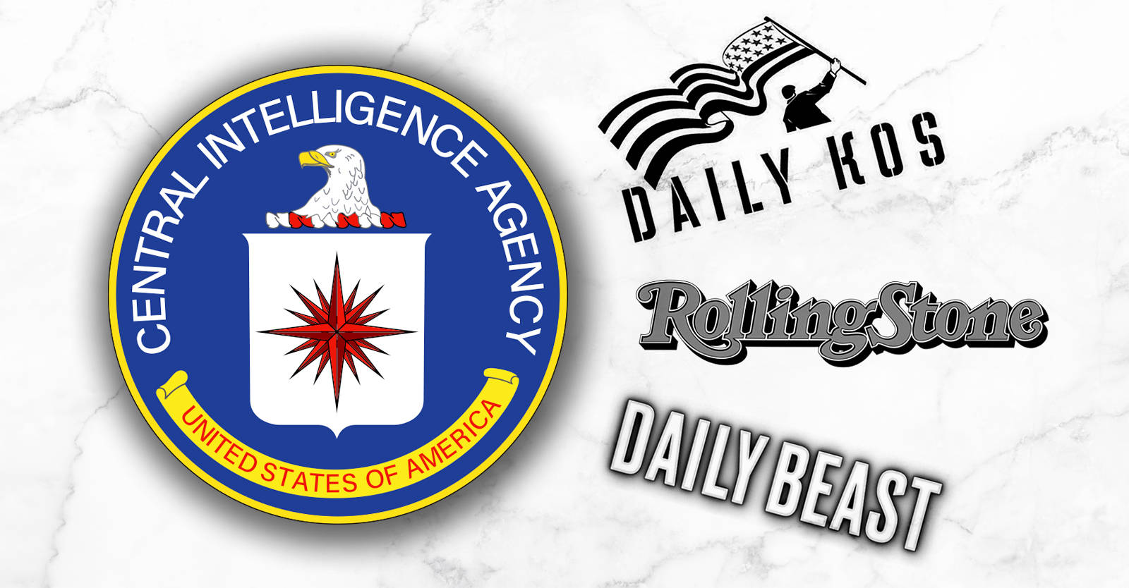Cia 桌布 壁紙 — CIA 印章和媒體標誌顯示在白色大理石背景上。