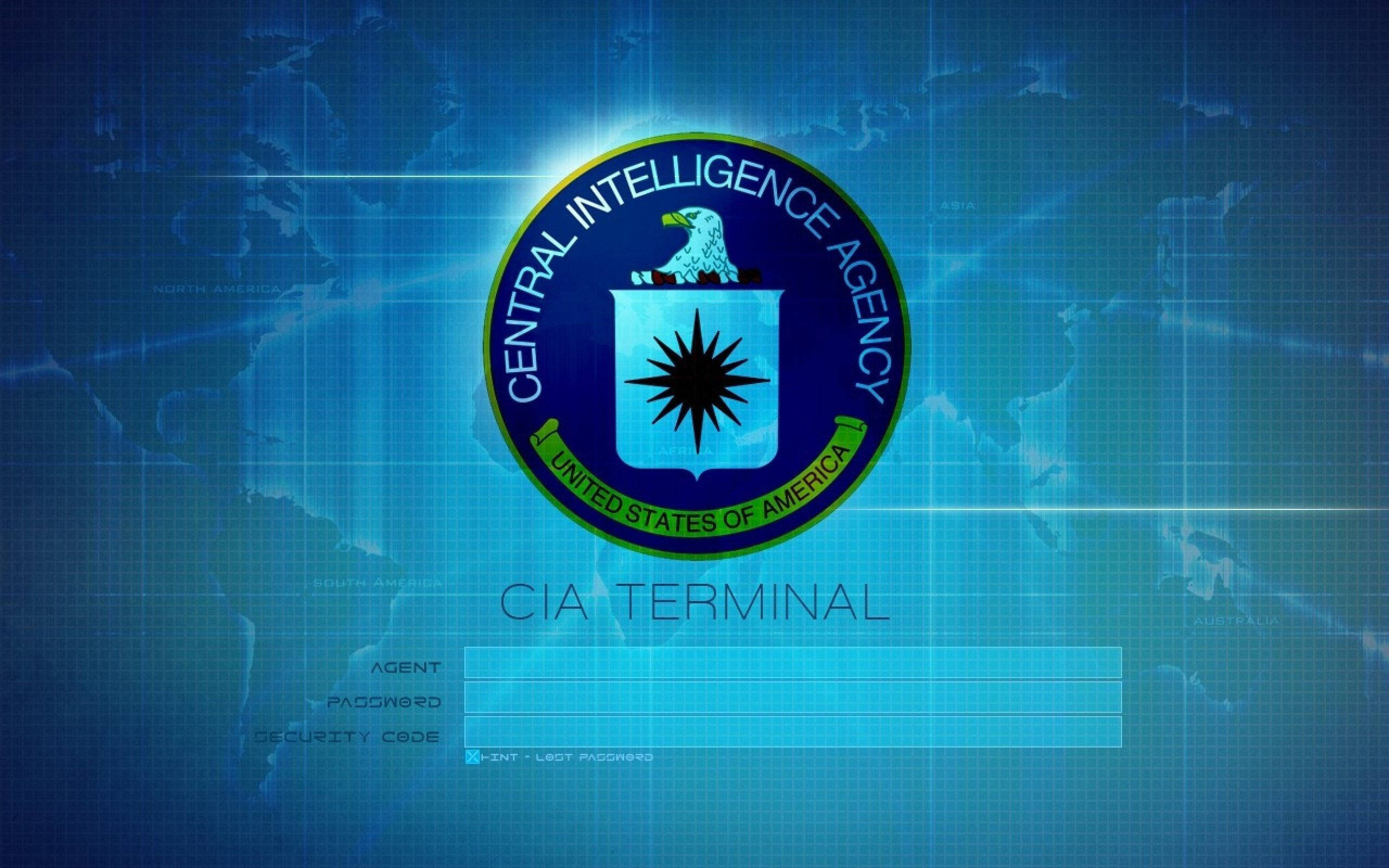 Cia 桌布 壁紙 — CIA 標誌在藍色數位網格上發光，背景為世界地圖和登入欄位。