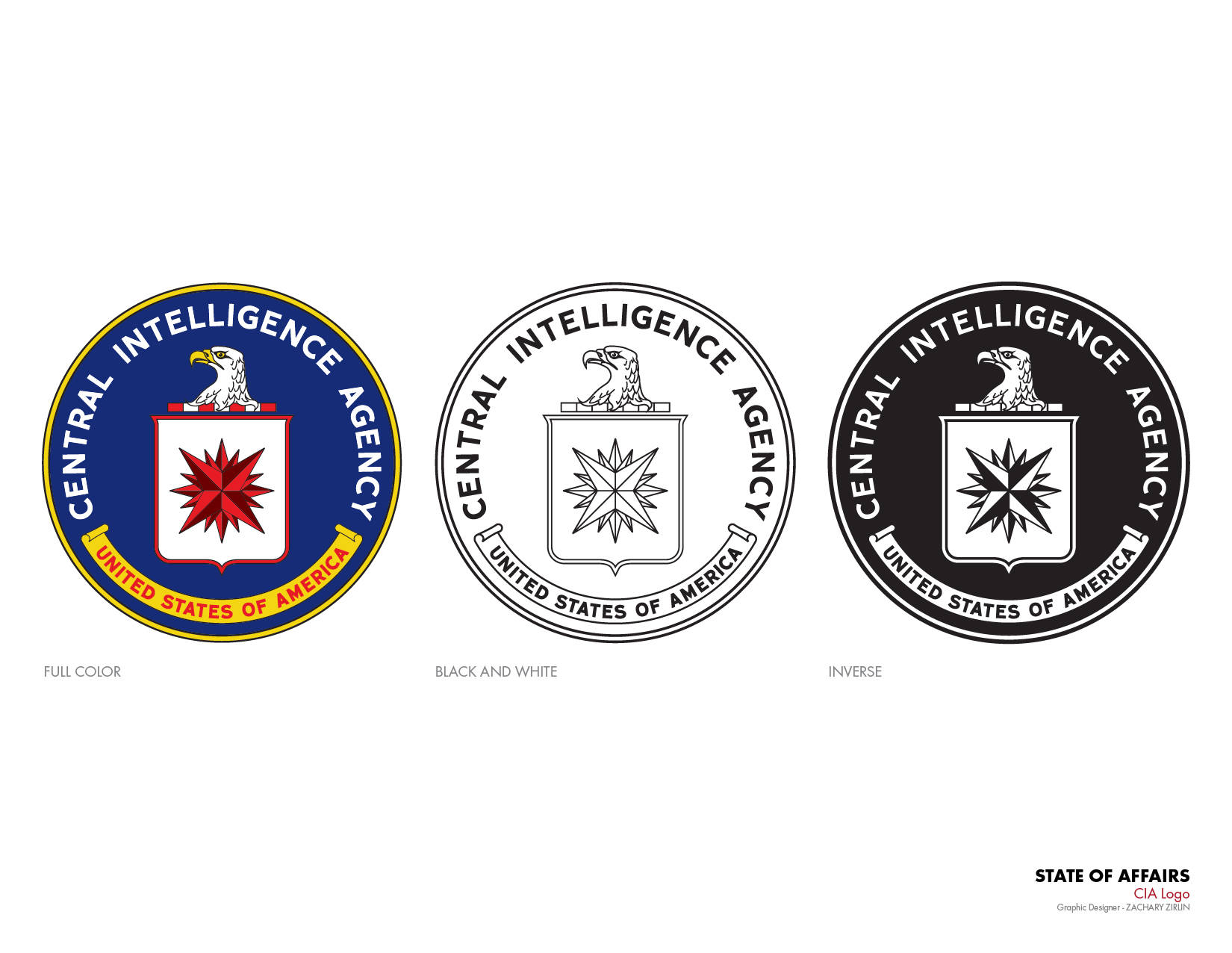 Cia 桌布 壁紙 — CIA 標誌的三個版本並排顯示：全彩、黑白和反轉單色。