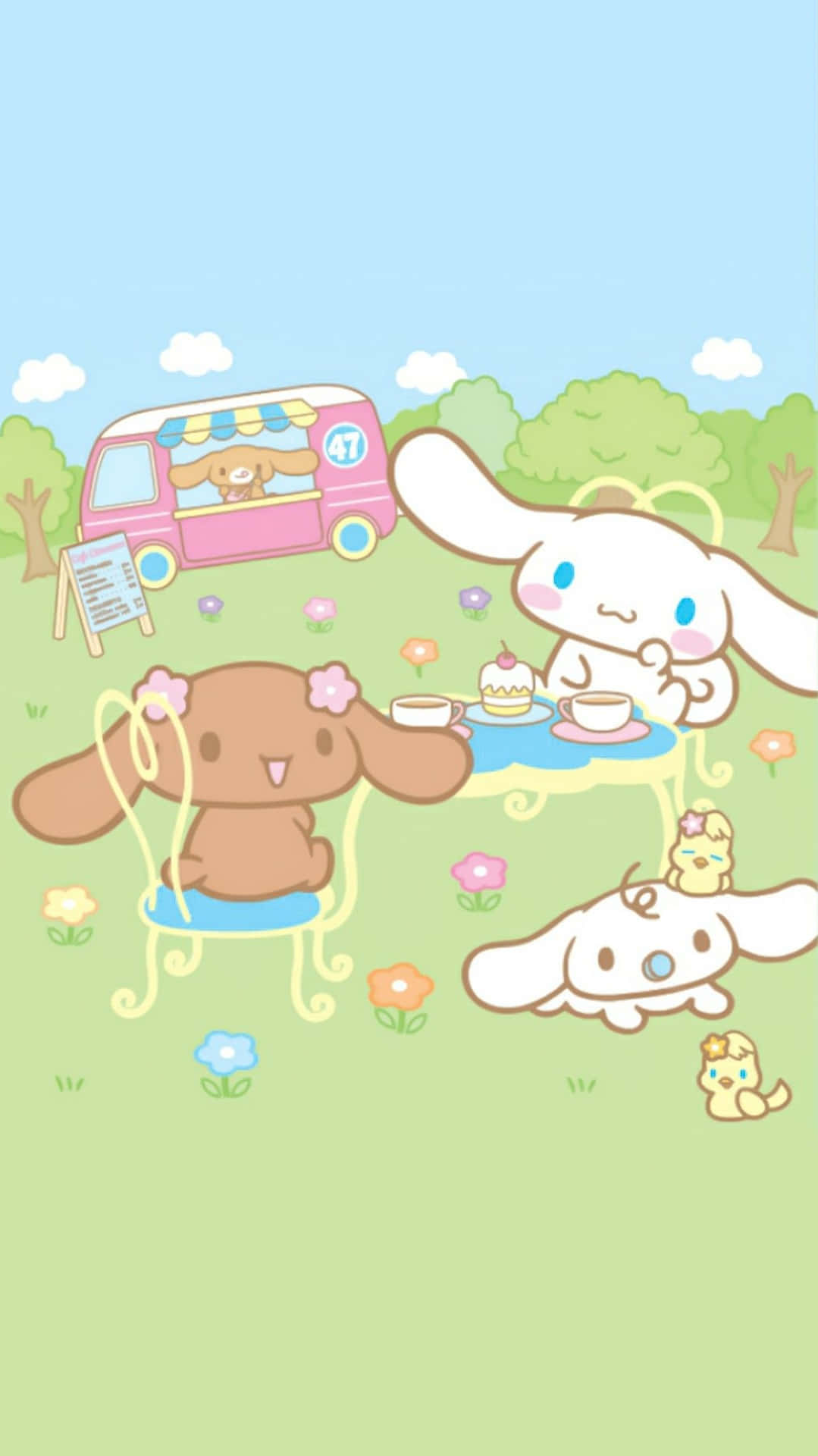  壁紙 — Cinnamoroll 和朋友們在陽光明媚的草地上享受愉快的茶會，附近有一輛粉紅色的餐車。