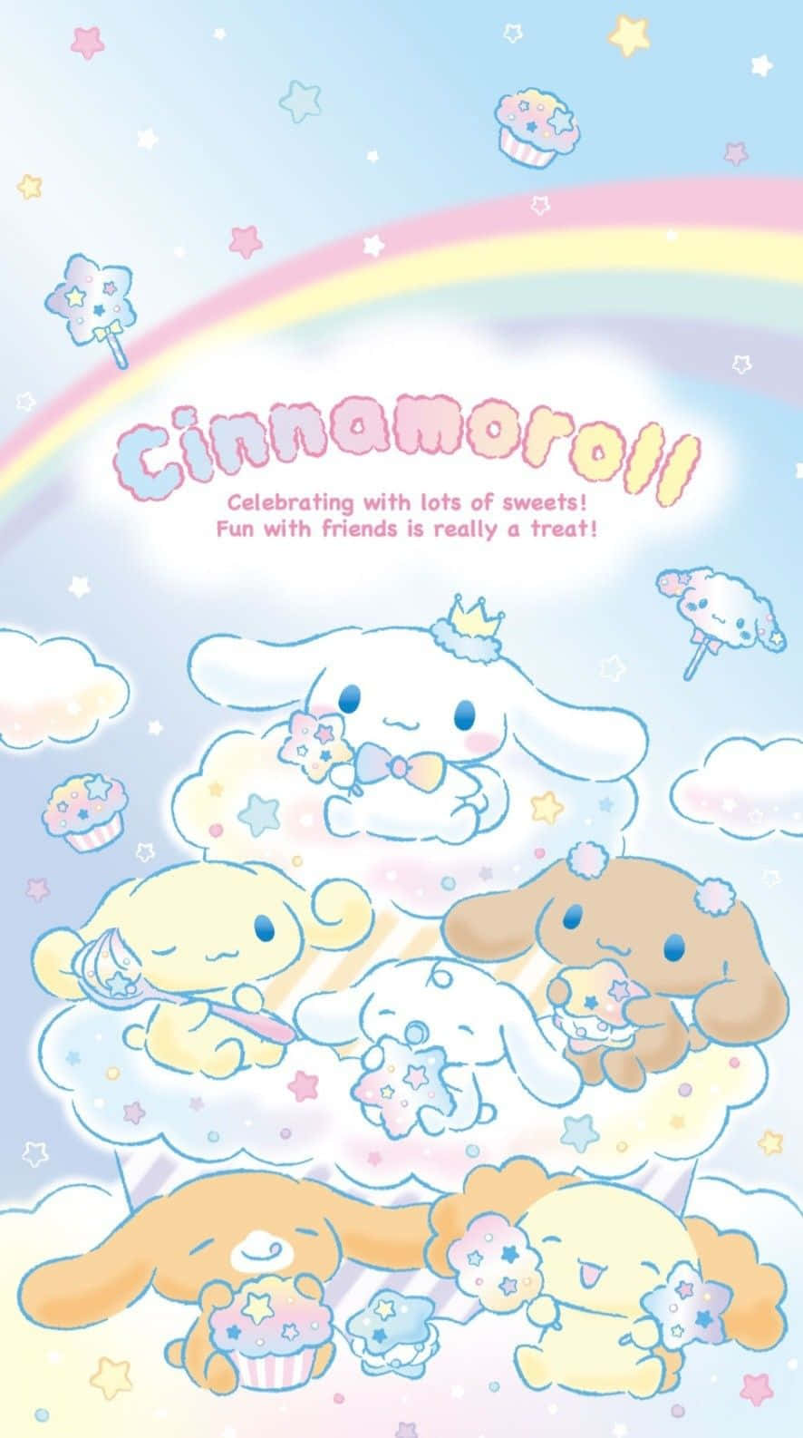  壁紙 — Cinnamoroll 和朋友們在彩虹下的雲朵上漂浮，手持杯子蛋糕，背景是粉彩天空。