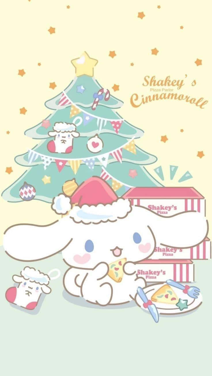  壁紙 — 戴著聖誕帽的Cinnamoroll在裝飾好的聖誕樹下吃披薩，附近有Shakey's Pizza建築。