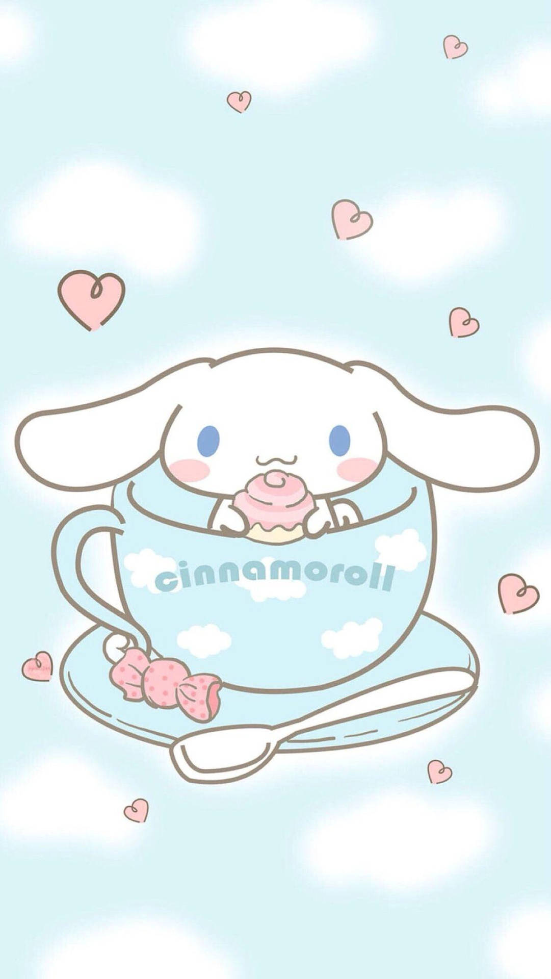Cinnamoroll 在茶杯中，有杯子蛋糕和飄浮的心形，背景是粉彩天空。 — 肉桂捲 壁紙