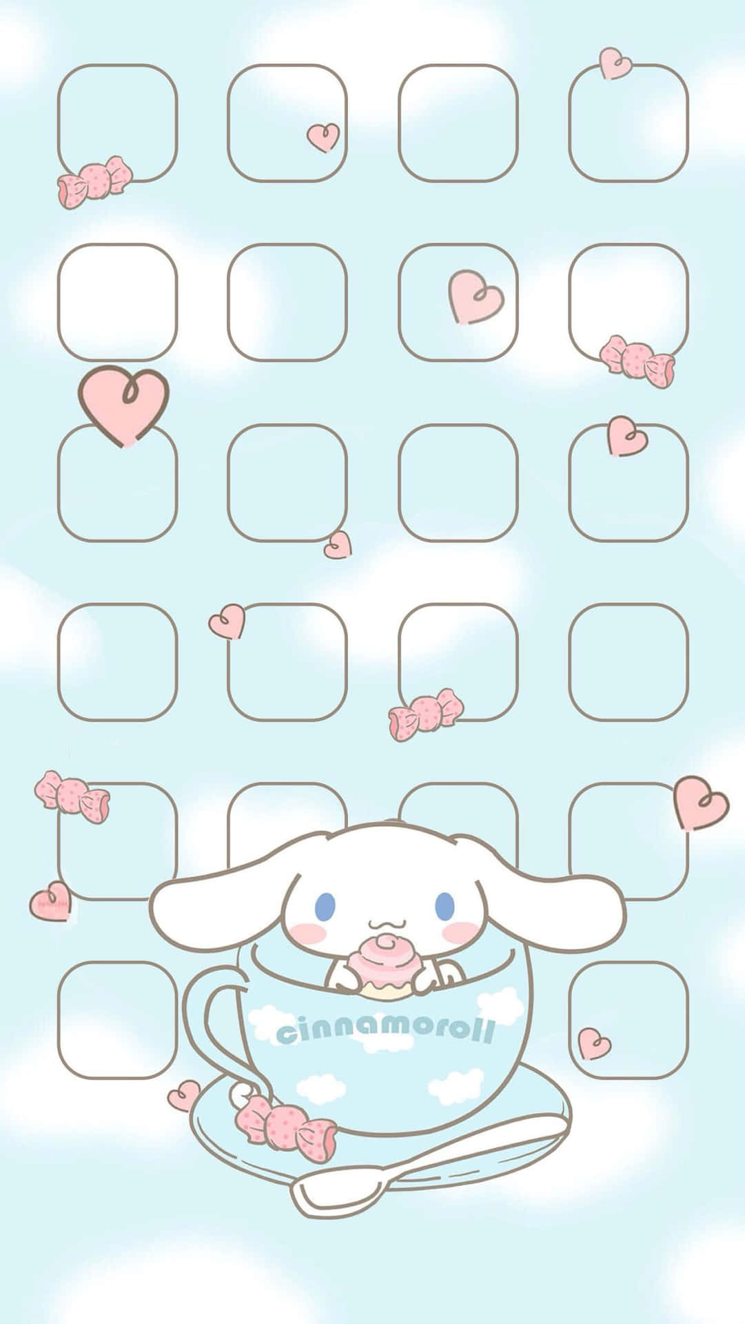 Cinnamoroll 在茶杯中與甜甜圈，被心形和應用程式圖示包圍，背景是藍天。 — Sanrio 壁紙
