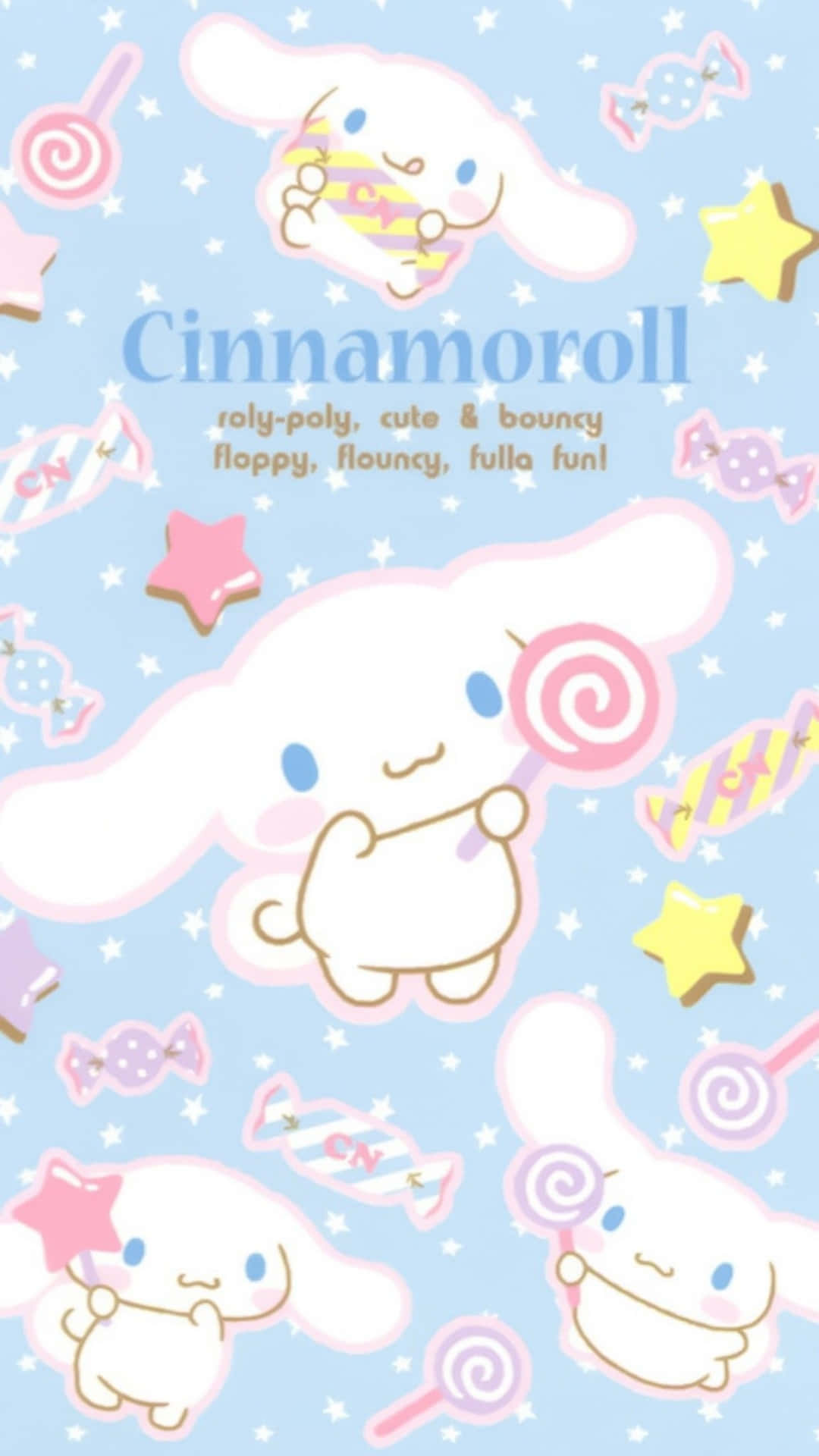 Cinnamoroll Sanrio 桌布 壁紙 — Cinnamoroll 兔子在糖果星星和棒棒糖之間漂浮，背景是帶有白色星星的粉藍色。