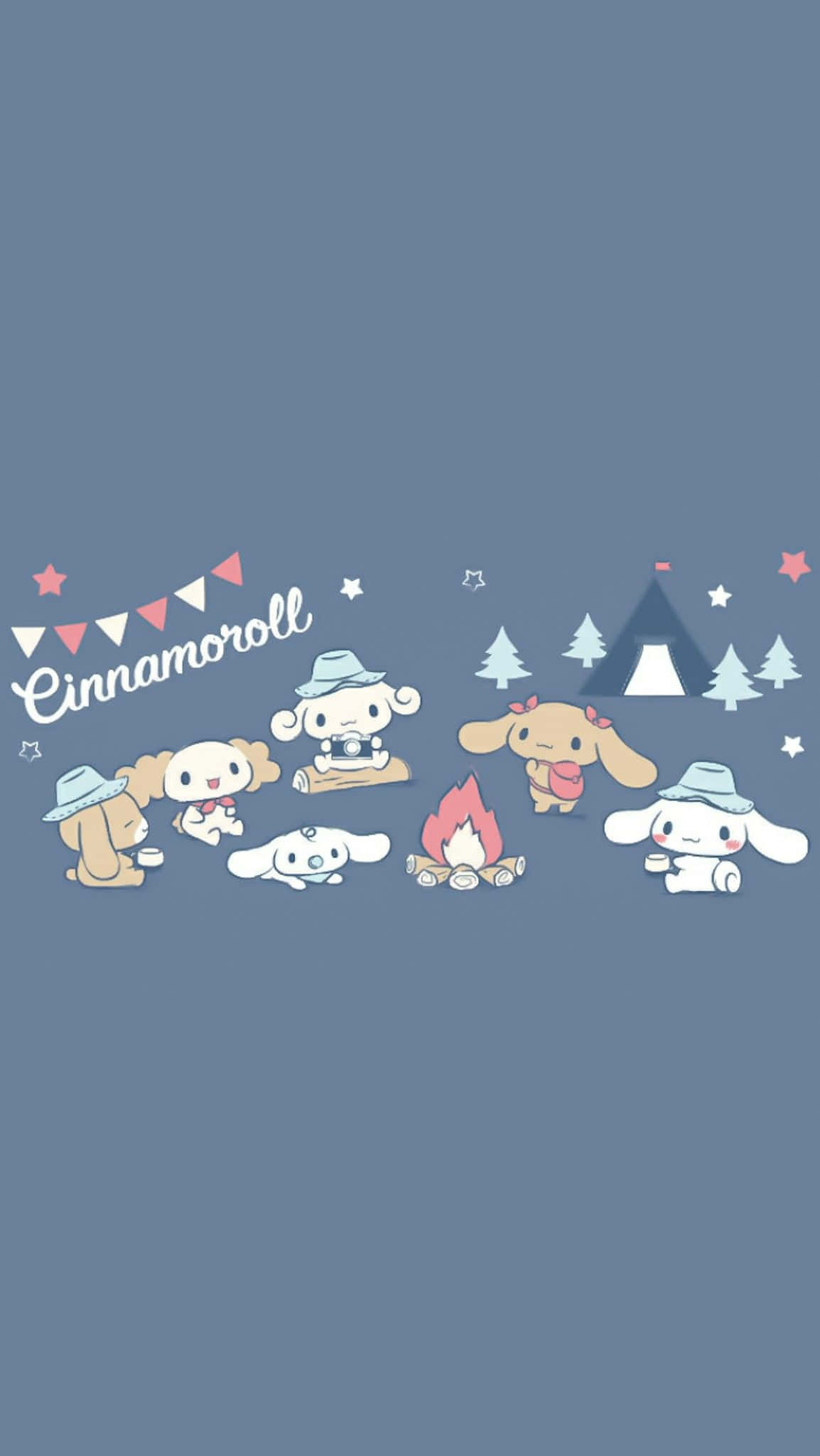 Cinnamoroll Sanrio 桌布 壁紙 — Cinnamoroll 和朋友們在星空下圍著營火，背景有帳篷和松樹。