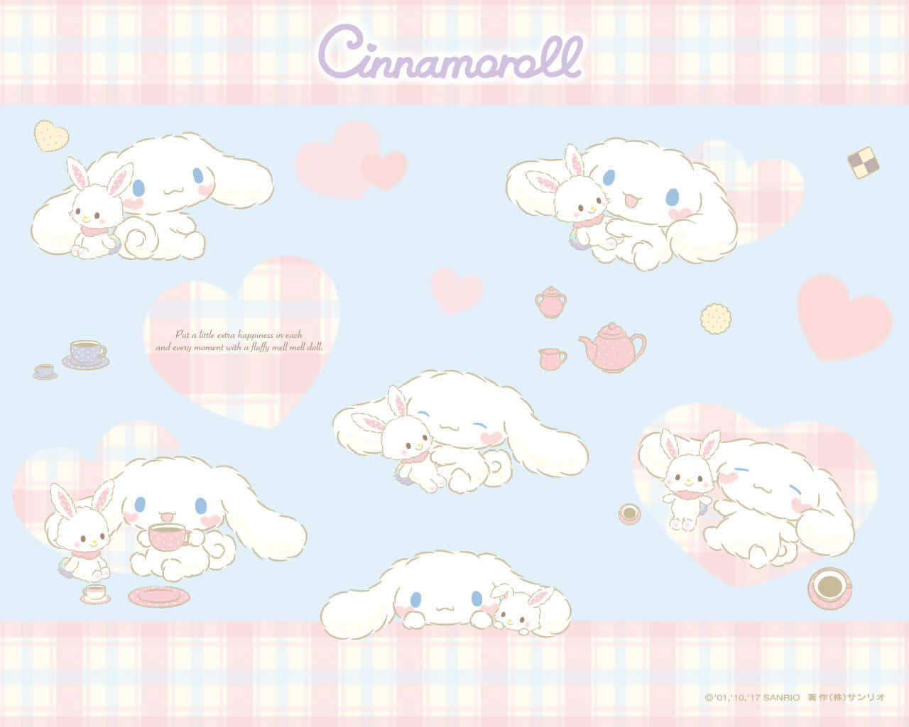 桌布 壁紙 — Cinnamoroll 和朋友們在柔和的藍色背景上，依偎在粉彩愛心和格子邊框中。