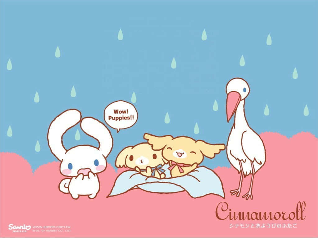 桌布 壁紙 — Cinnamoroll 和朋友們在輕柔的雨下，在毯子上舒適地依偎，附近有一隻驚訝的兔子和一隻鸛。