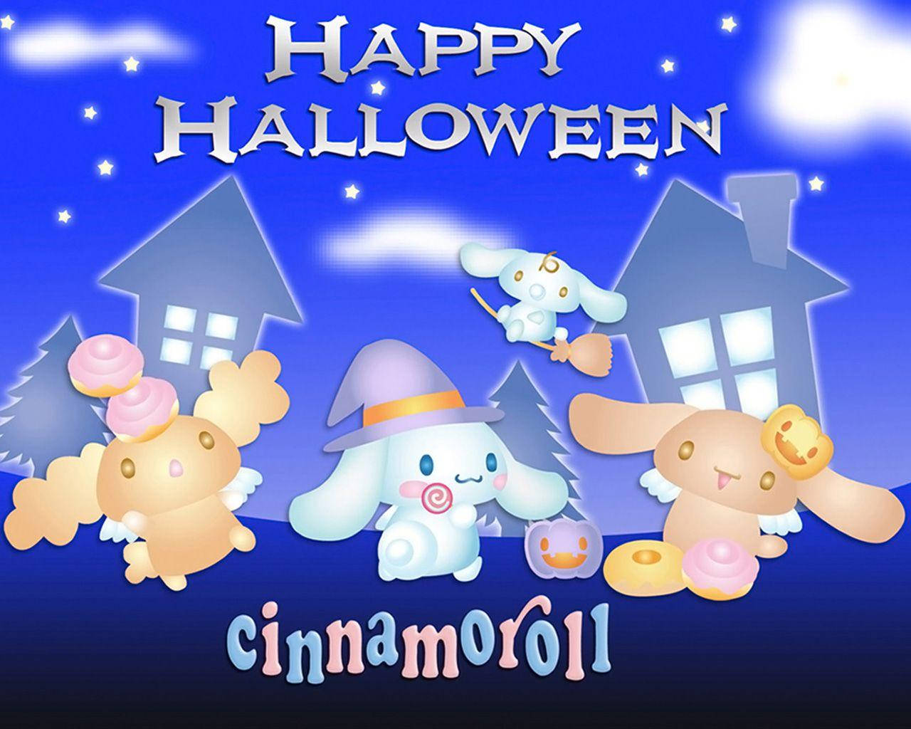 肉桂捲 桌布 壁紙 — Cinnamoroll 和朋友們在星空下慶祝萬聖節，周圍有發光的房屋和糖果裝飾。