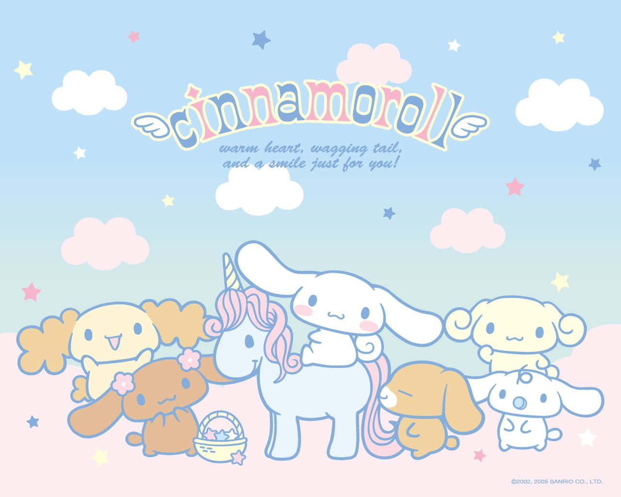肉桂捲 桌布 壁紙 — Cinnamoroll 和朋友們在粉彩天空下，有蓬鬆雲朵和閃爍星星的歡樂卡通場景中聚集。