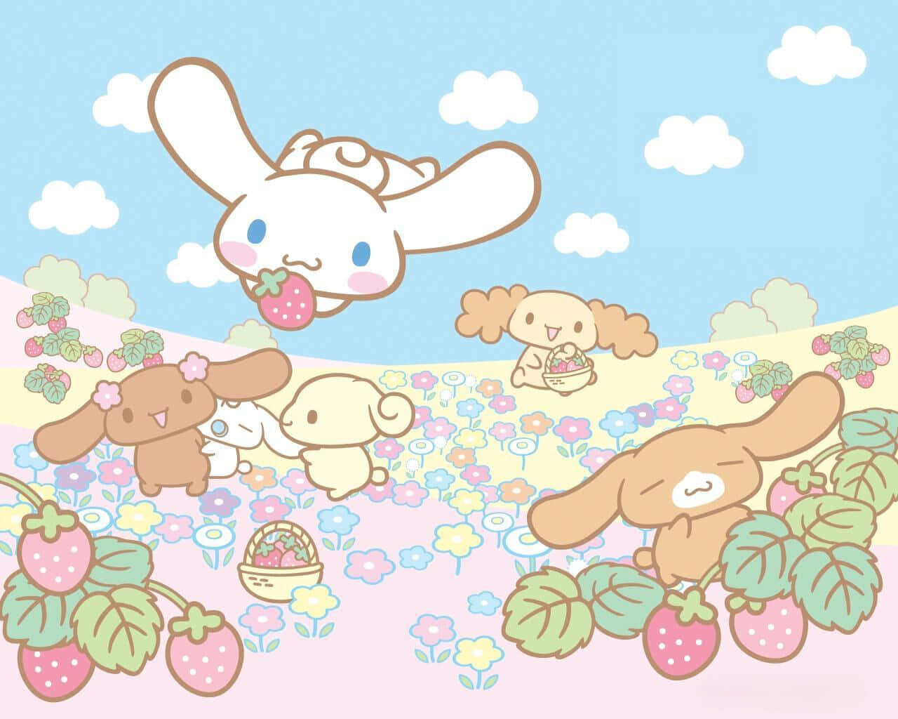 sanrio 桌布 壁紙 — Cinnamoroll 和朋友們在柔和的藍天白雲下，於粉彩色的田野中快樂地採摘草莓。