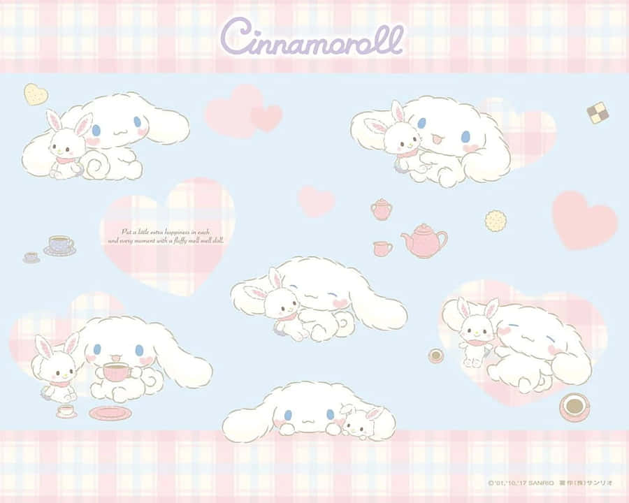 Cinnamoroll Laptop 桌布 壁紙 — Cinnamoroll 和朋友們在粉彩格紋邊框場景中依偎喝茶，周圍有漂浮的心形和茶壺。