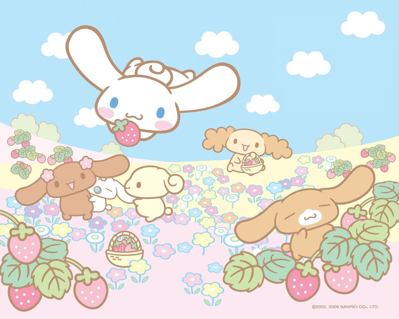 sanrio 桌布 壁紙 — Cinnamoroll 和朋友們在柔和的藍天白雲下，於粉彩色的田野中快樂地採集草莓。