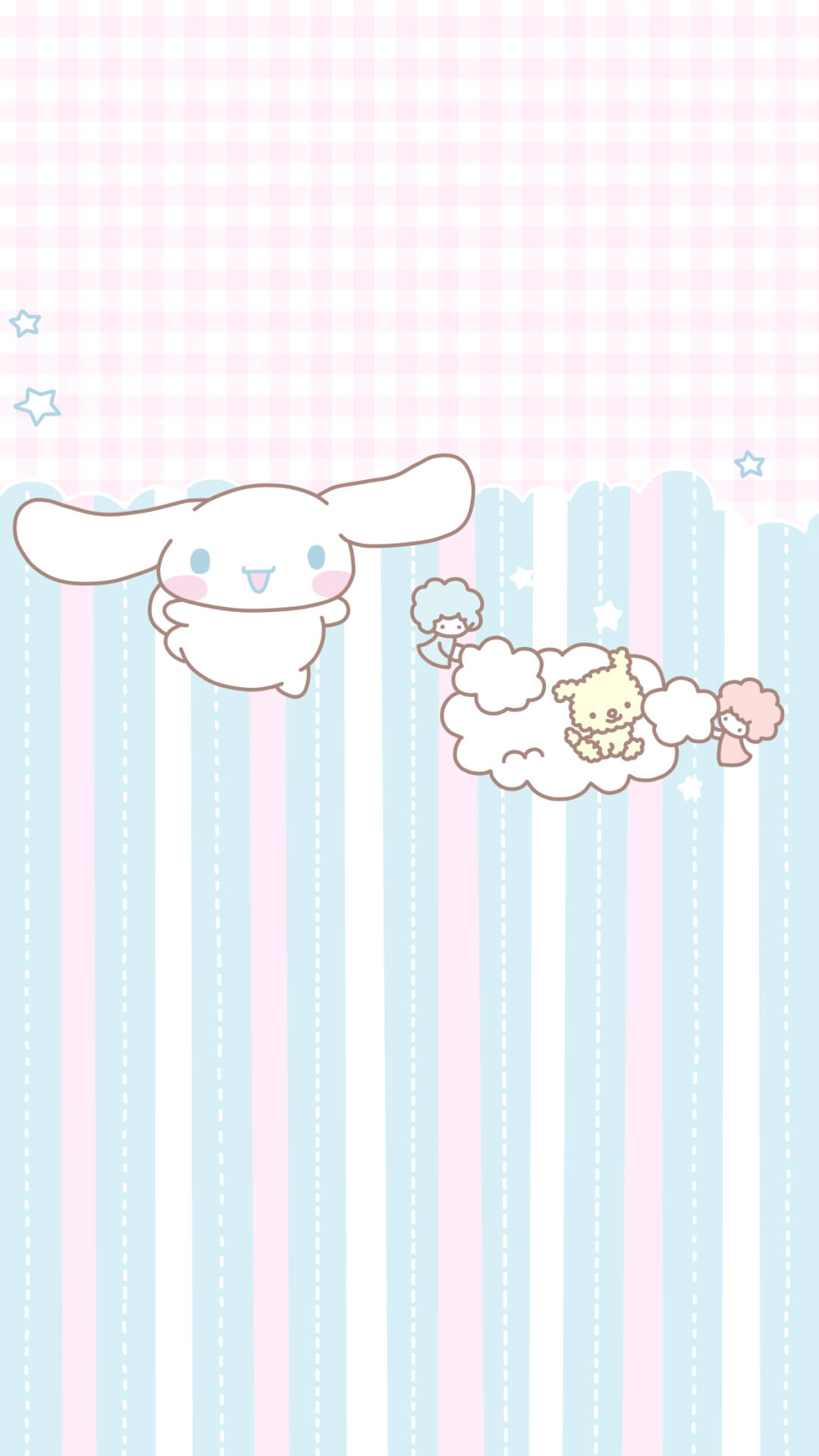 肉桂捲 桌布 壁紙 — Cinnamoroll 和朋友們在帶有星星的粉彩條紋和格子背景上漂浮在雲端。
