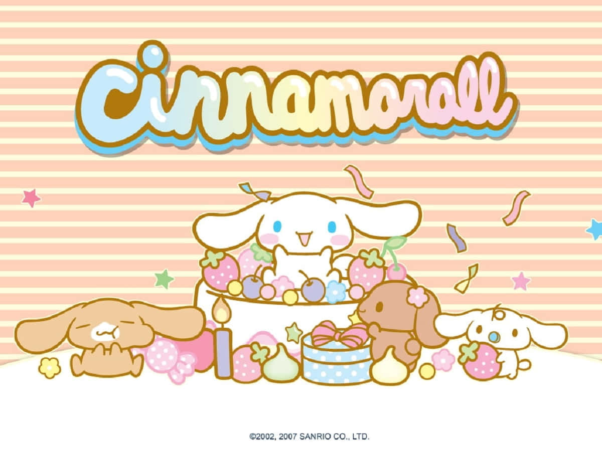 肉桂捲 桌布 壁紙 — Cinnamoroll 和朋友們在粉彩條紋背景上以草莓蛋糕、五彩紙屑和星星慶祝。