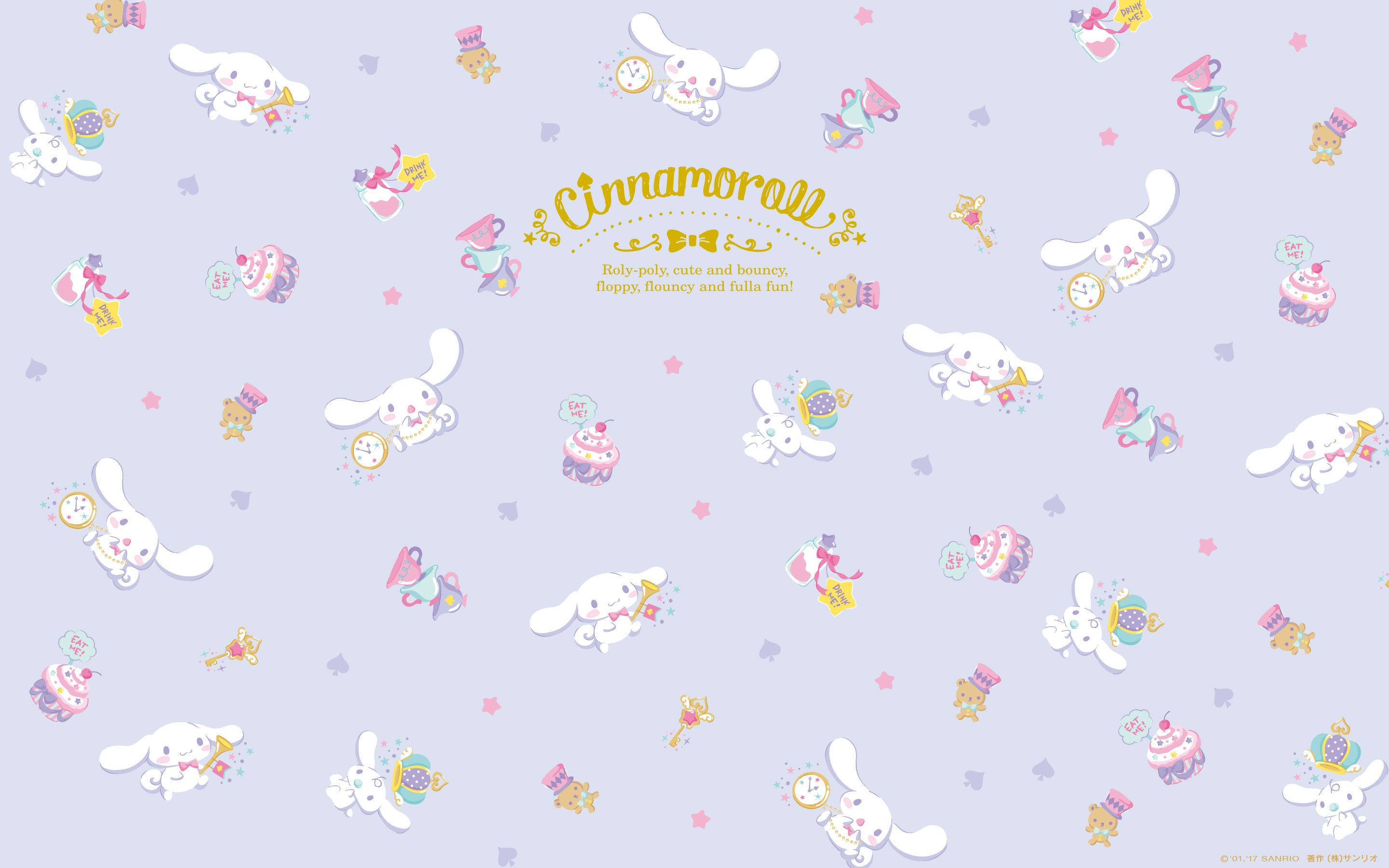 肉桂捲 桌布 壁紙 — Cinnamoroll 和朋友們在柔和的薰衣草背景上，與粉彩杯子蛋糕和星星一起嬉戲漂浮。