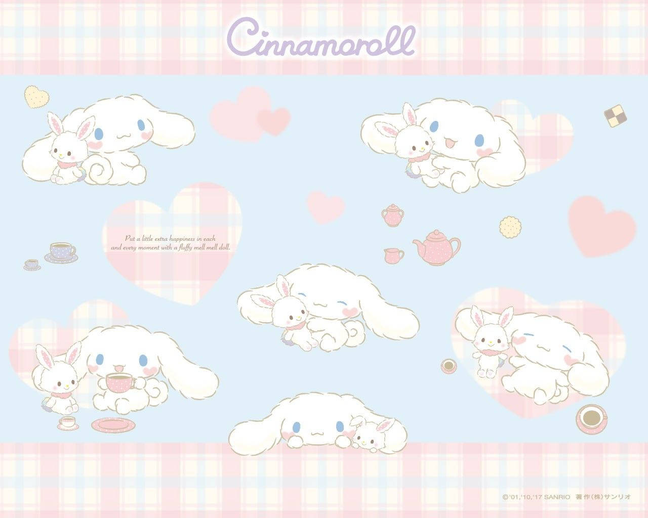 肉桂捲 桌布 壁紙 — Cinnamoroll 和朋友們在淺藍色背景上，帶有粉紅色格子邊框的柔和心形中依偎。