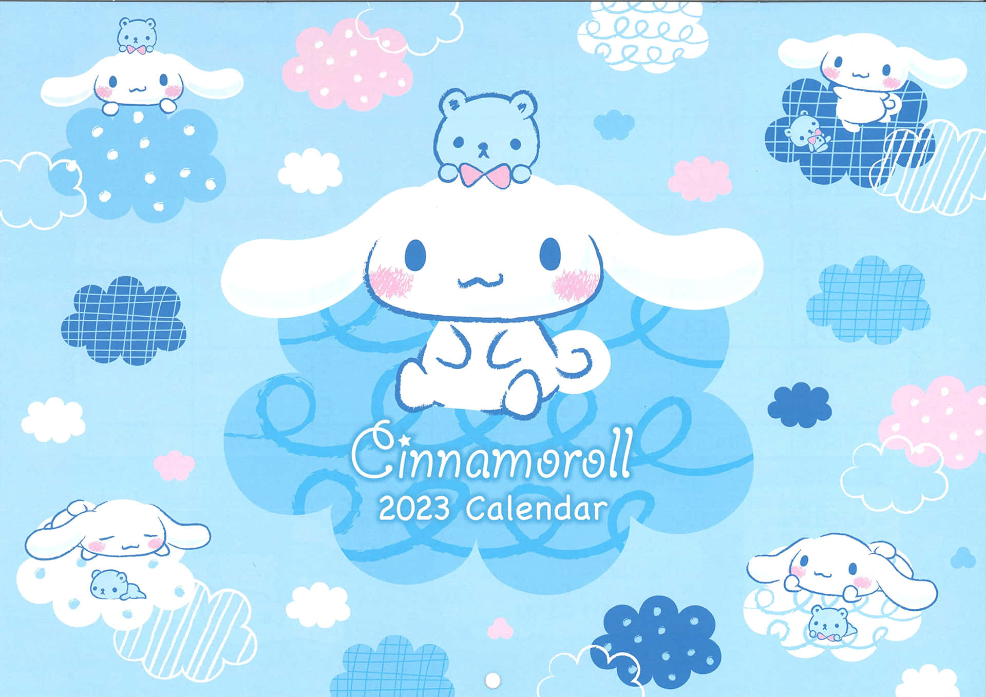 Cinnamoroll 和朋友們在藍天日曆封面上漂浮在粉彩雲朵中。 — 三麗鷗角色 GIF 壁紙