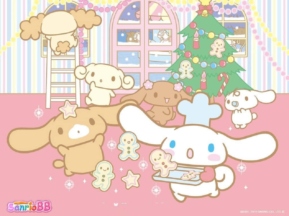 肉桂捲 桌布 壁紙 — Cinnamoroll 和朋友們在一個有條紋壁紙的粉彩粉紅色房間裡用薑餅餅乾裝飾聖誕樹。