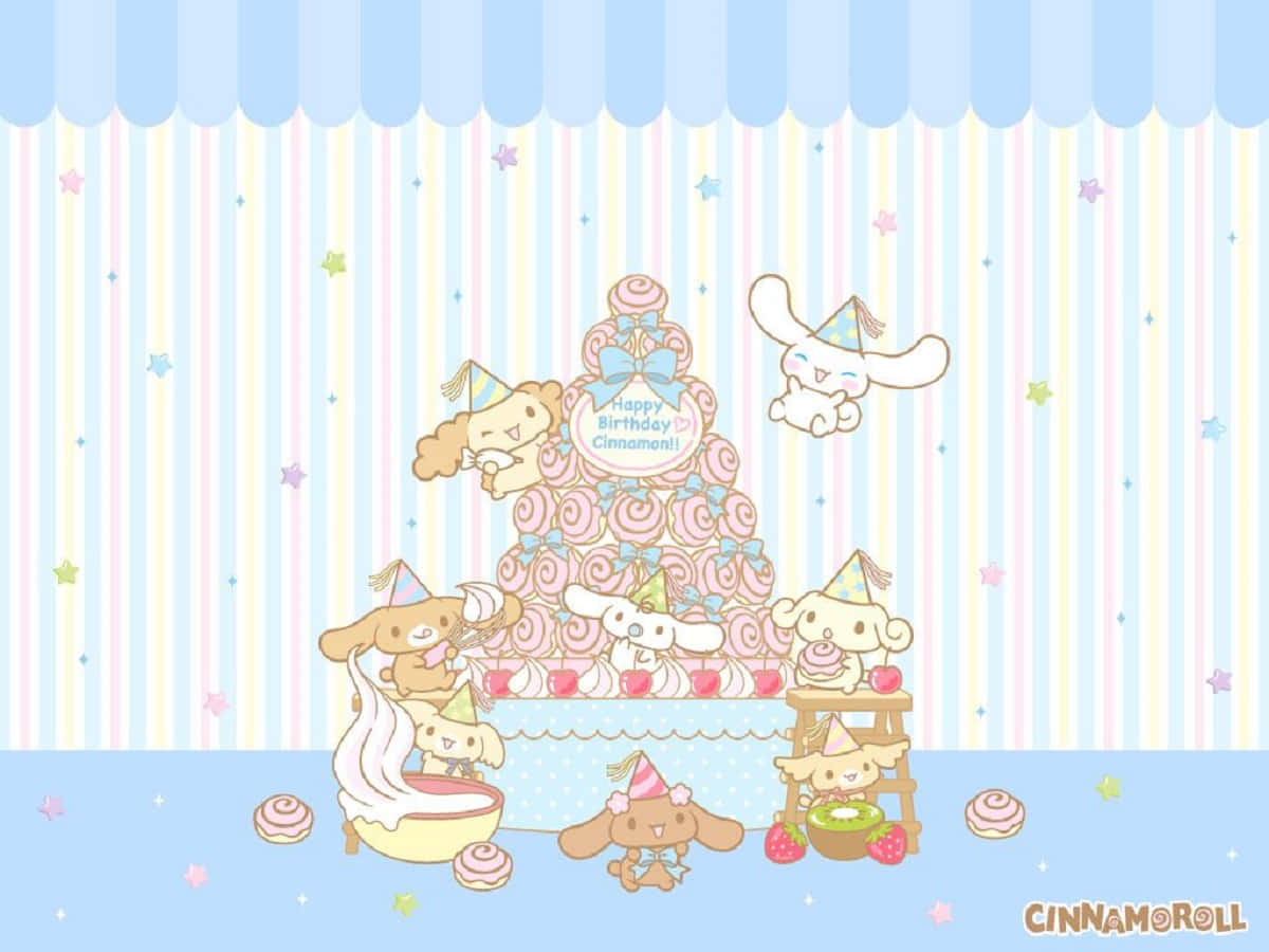 肉桂捲 桌布 壁紙 — Cinnamoroll 和朋友們在條紋粉彩天空下，圍繞著一個巨大的粉紅色漩渦蛋糕慶祝生日。