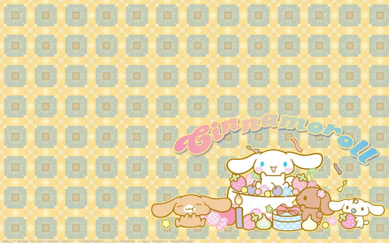 肉桂捲 桌布 壁紙 — Cinnamoroll 和朋友們在粉彩幾何圖案壁紙上，用蛋糕和草莓慶祝。