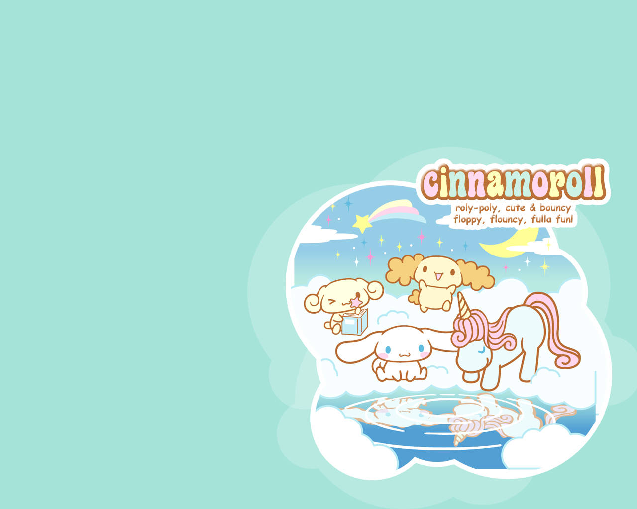 肉桂捲 桌布 壁紙 — Cinnamoroll 和朋友們在一個夢幻的雲朵泡泡中漂浮，背景是柔和的青綠色，點綴著獨角獸彩虹和星星。