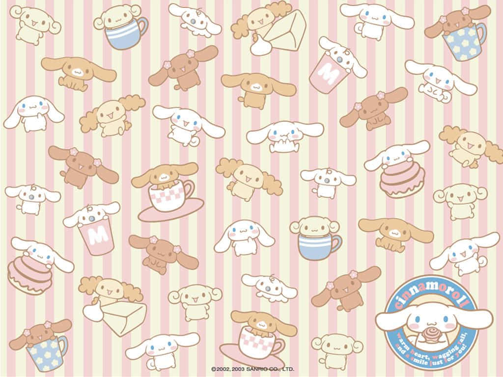 肉桂捲 桌布 壁紙 — Cinnamoroll 和朋友們在粉彩條紋壁紙中愉快地漂浮，手持杯子、蛋糕和禮物。