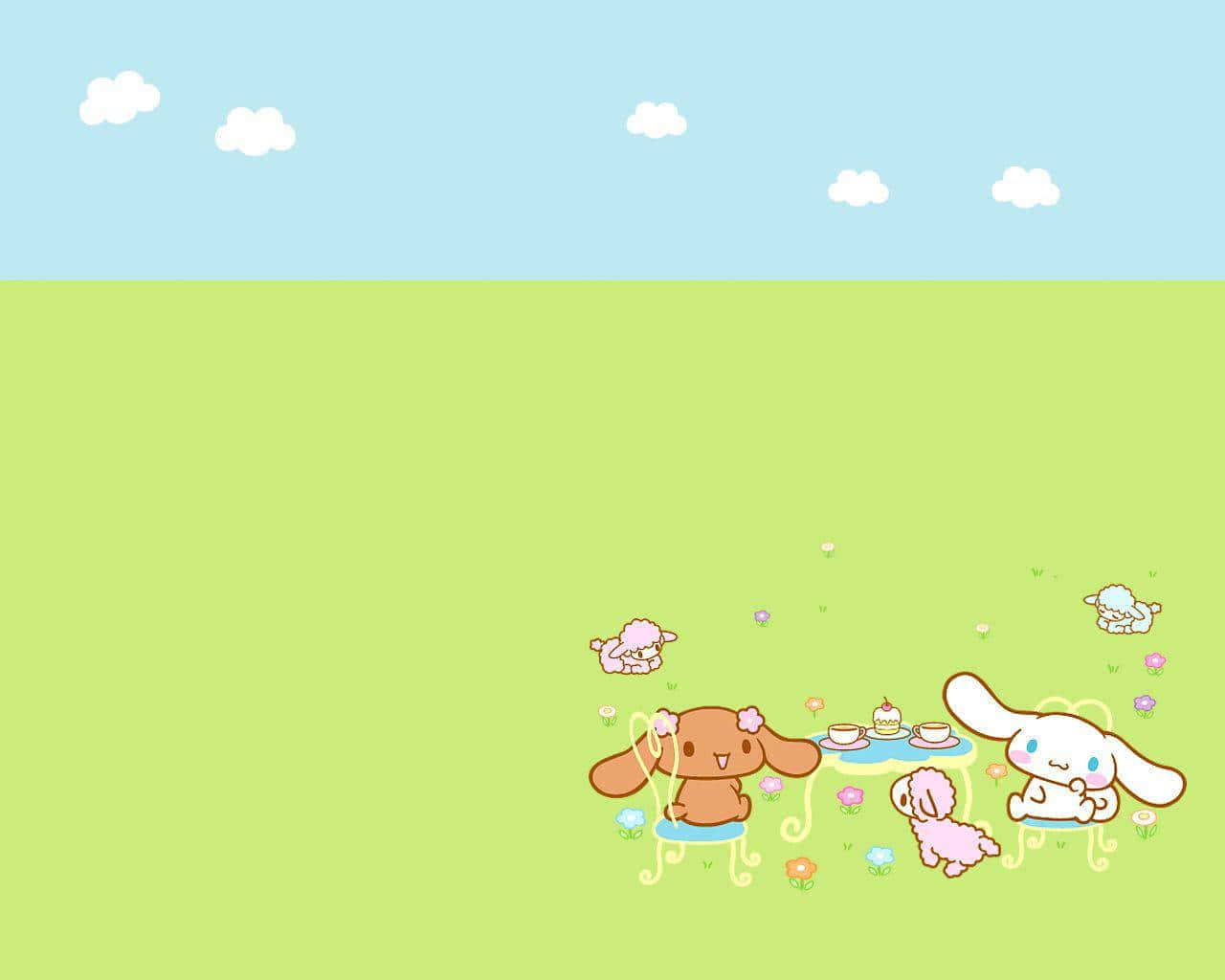 Cinnamoroll Laptop 桌布 壁紙 — Cinnamoroll 和朋友們在明亮的綠色田野中，在淺藍色天空和蓬鬆雲朵下享受茶會。