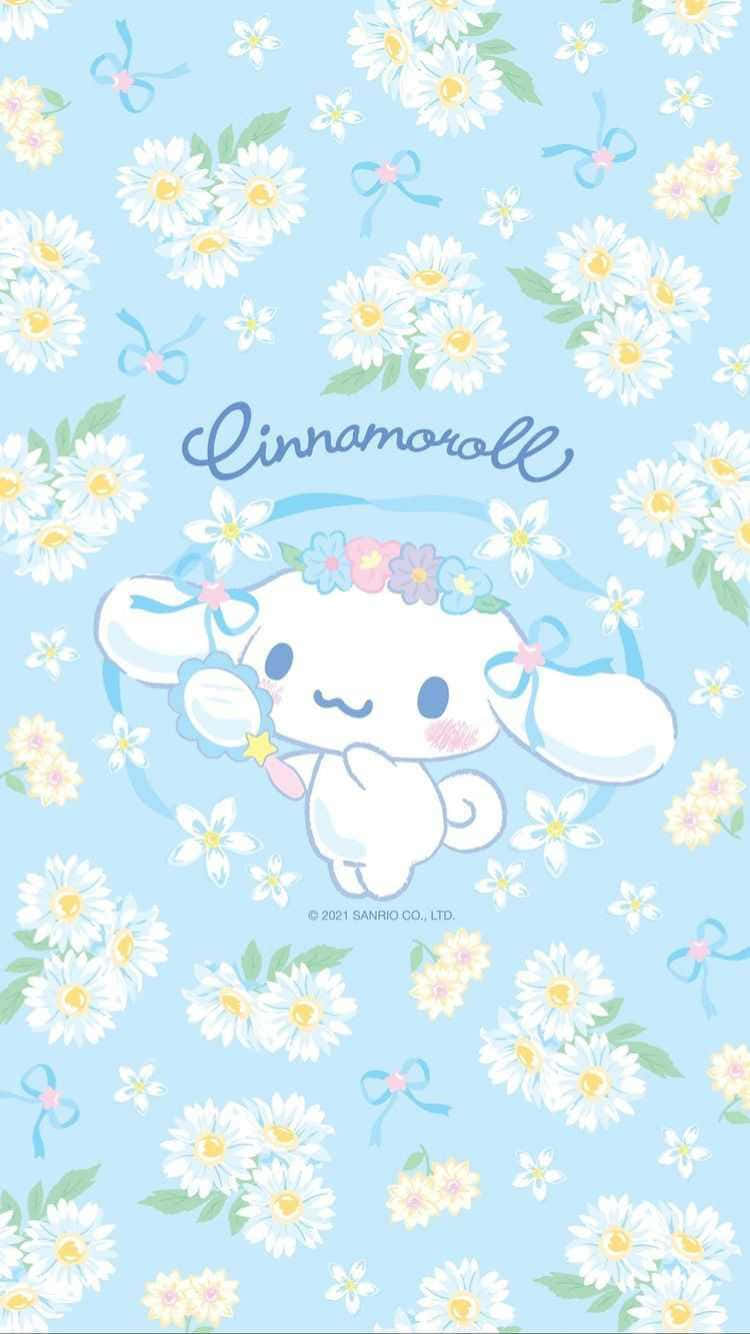 桌布 壁紙 — Cinnamoroll 在柔和的粉藍色背景上，於雛菊和藍色蝴蝶結的花田中甜美微笑。