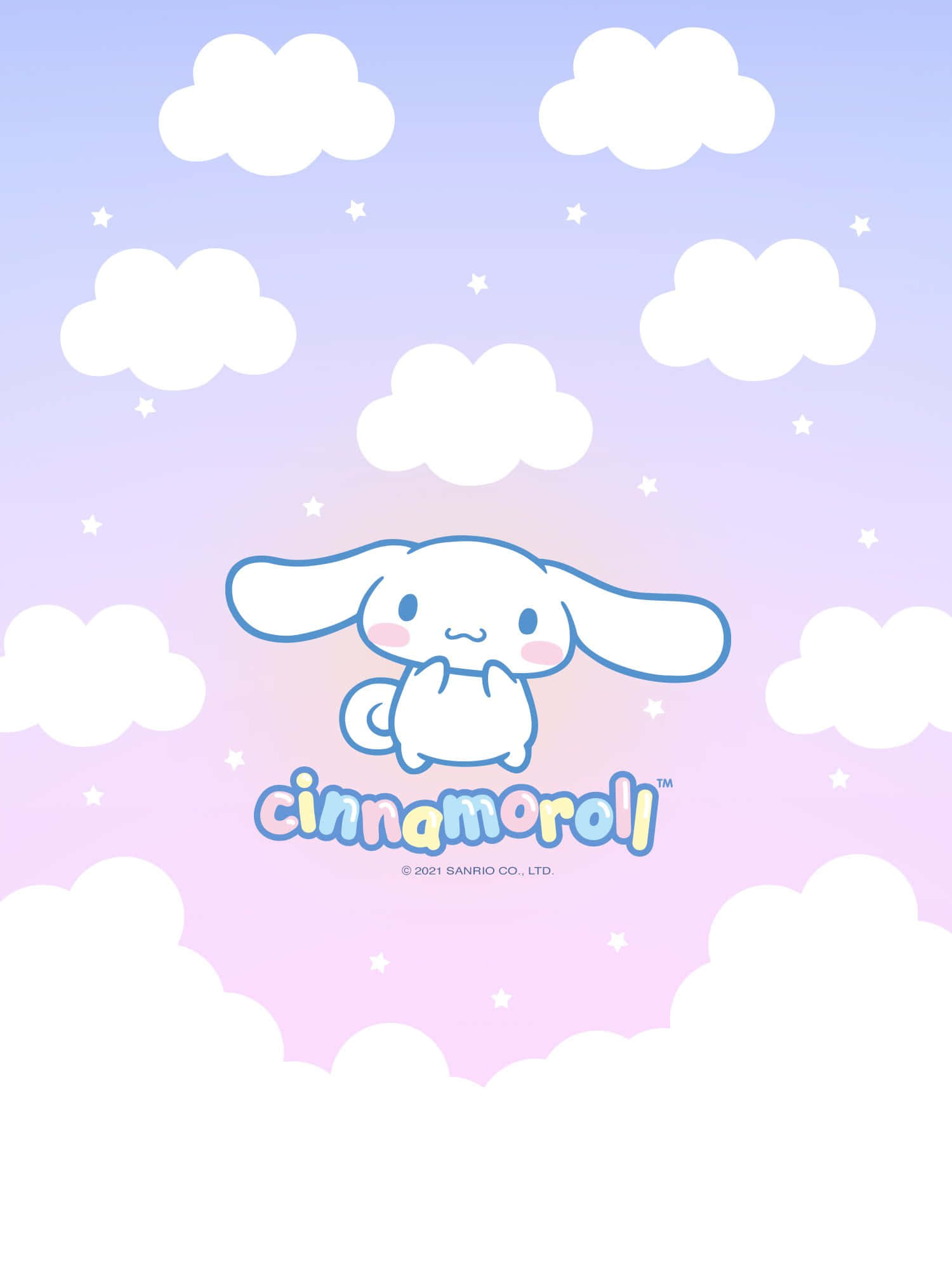 桌布 壁紙 — Cinnamoroll 在柔和的粉彩天空下，安詳地坐在 fluffy 雲朵和閃爍星星之間。