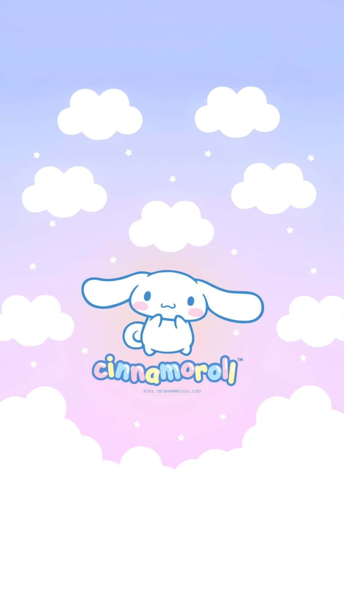 Cinnamoroll Sanrio 桌布 壁紙 — Cinnamoroll 在柔軟的粉彩天空上，周圍是蓬鬆的雲層，上面點綴著細小的星星，平靜地漂浮。