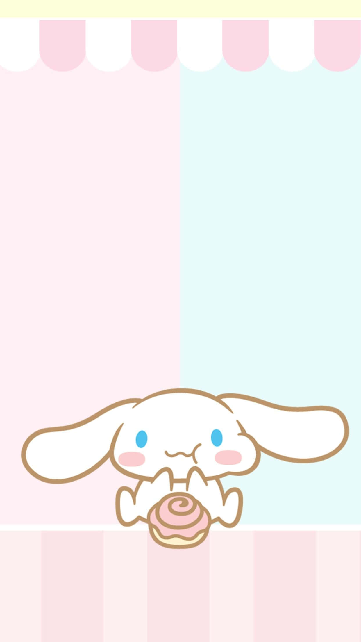 Cinnamoroll Sanrio 桌布 壁紙 — Cinnamoroll 在粉紅和薄荷色的波浪邊簷篷下拿著一個粉紅色糖霜甜甜圈。