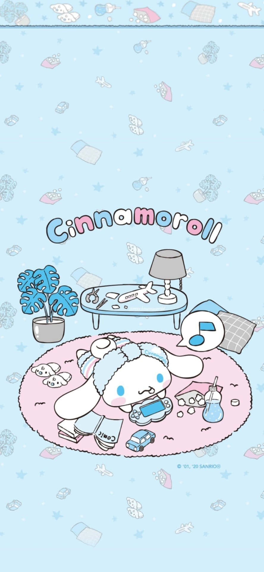 桌布 壁紙 — Cinnamoroll 在粉紅色地毯上休息，周圍有玩具、書本和小桌子，在一個粉藍色房間裡。