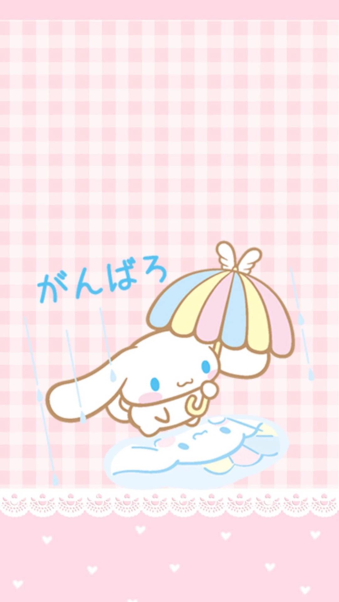 Cinnamoroll 在下雨的粉紅色格紋場景中漂浮在雲上，拿著一把彩虹傘。 — 粉彩可愛動圖 壁紙