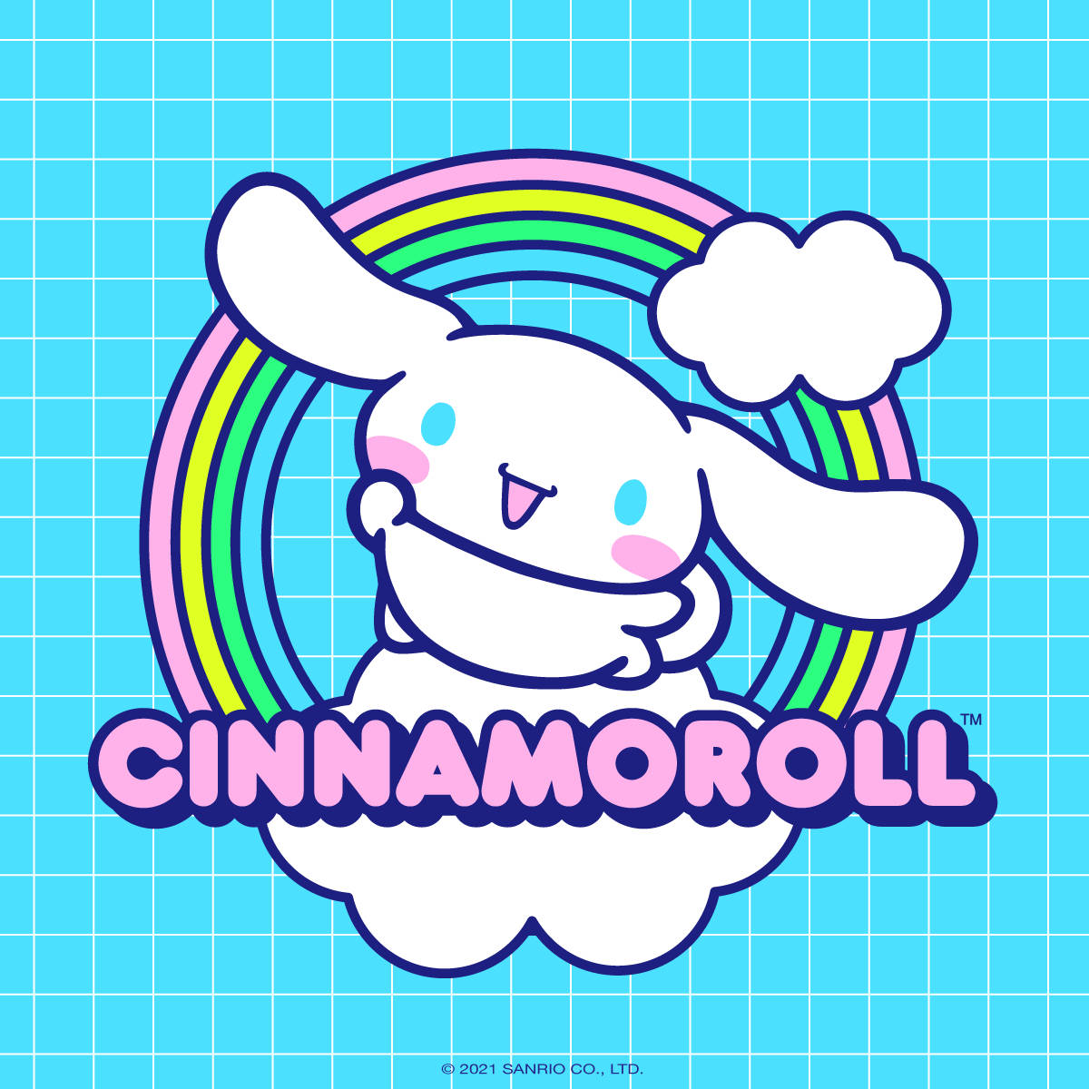肉桂捲 桌布 壁紙 — Cinnamoroll 在藍色網格背景上，於色彩繽紛的彩虹下的雲朵上愉快地微笑。