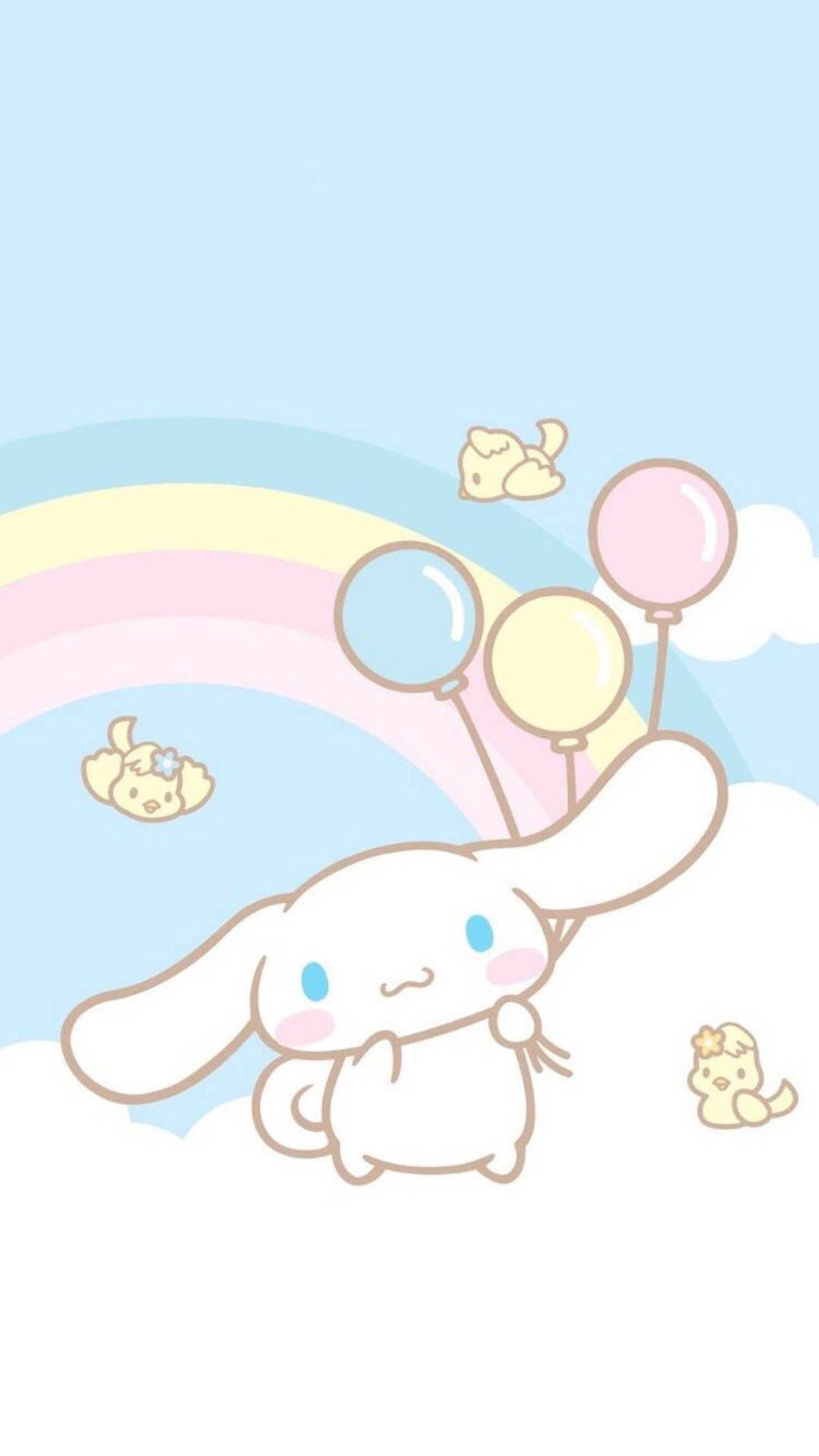 Cinnamoroll 在彩虹下拿著氣球，毛茸茸的小雞在天空中漂浮。