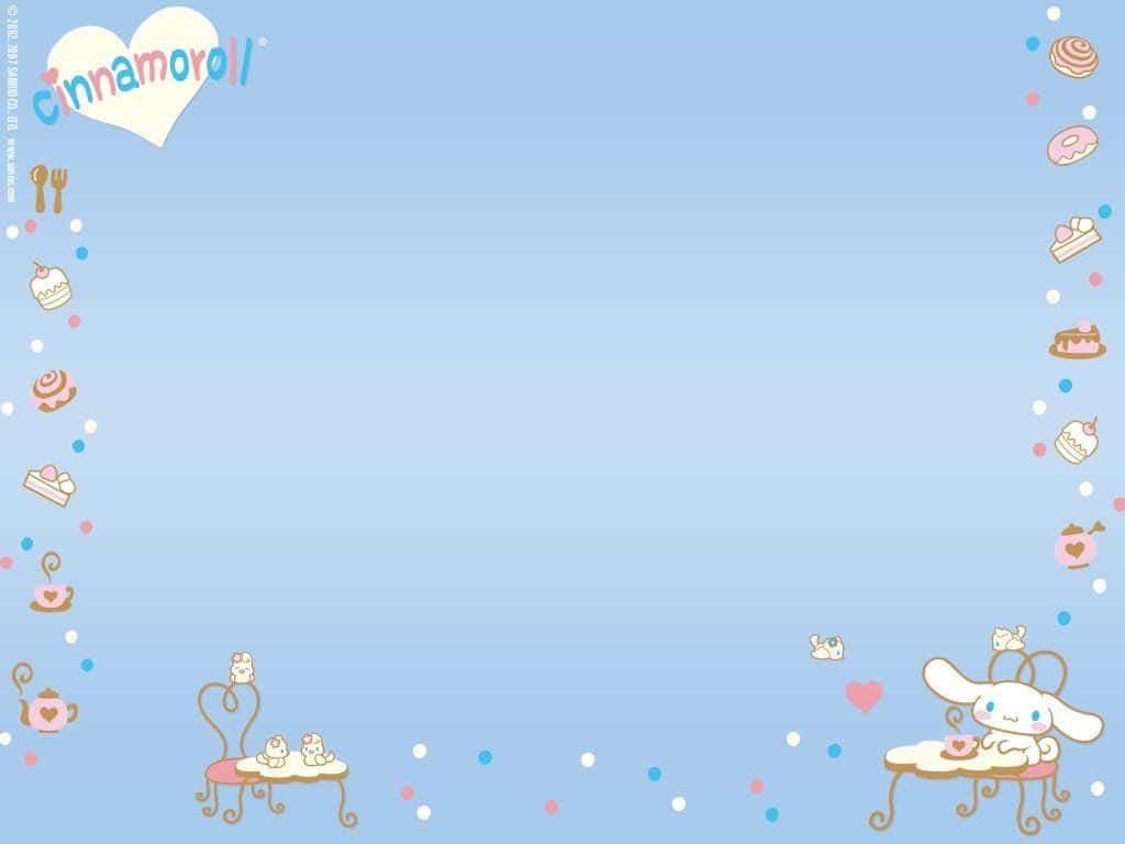 Cinnamoroll Laptop 桌布 壁紙 — Cinnamoroll 坐在茶桌前，桌上放著糕點，背景是柔和的藍色漸層，並由甜點圖標框住。