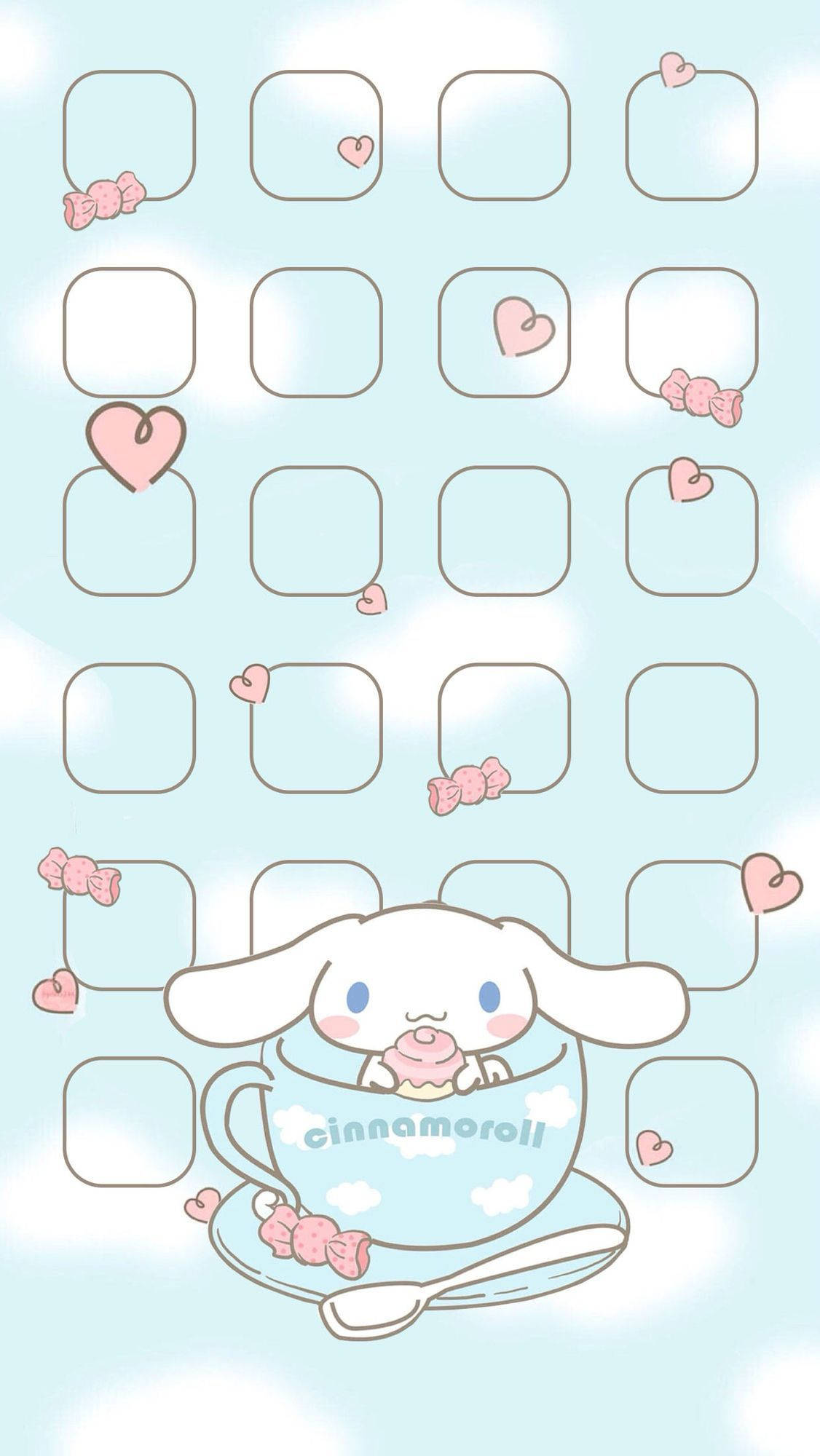 Cute Sanrio 桌布 壁紙 — Cinnamoroll 坐在藍色茶杯中，拿著粉紅色甜甜圈，背景是柔和的天藍色，有漂浮的心形和應用程式圖示。