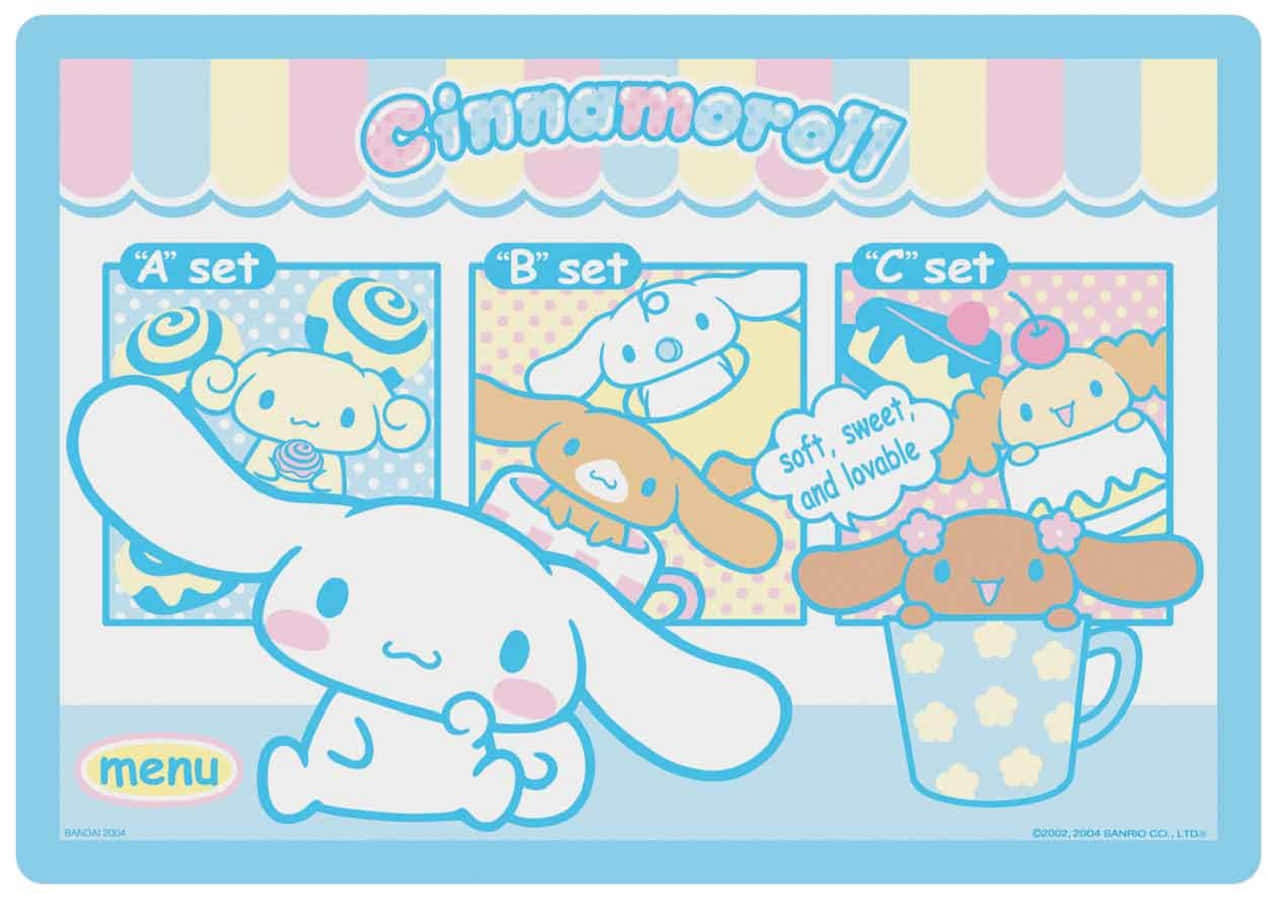 肉桂捲 桌布 壁紙 — Cinnamoroll 愉快地坐在一條粉彩色條紋遮陽篷前，展示甜點主題的菜單套餐。