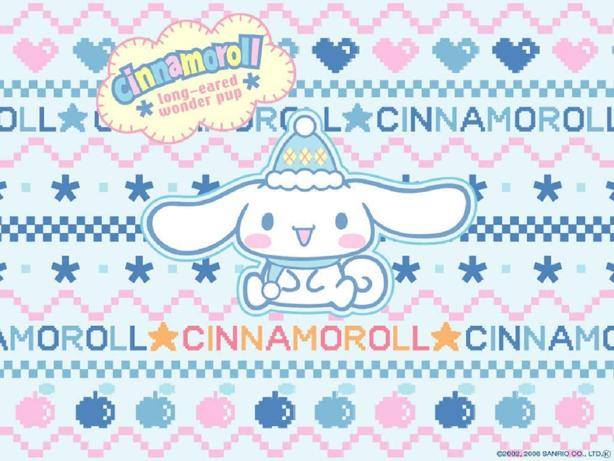 肉桂捲 桌布 壁紙 — Cinnamoroll 戴著藍色針織帽，愉快地坐在像素化粉彩圖案背景前。