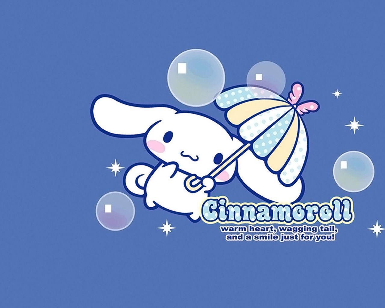 肉桂捲 桌布 壁紙 — Cinnamoroll 拿著一把圓點雨傘，漂浮的泡泡和閃爍的星星在純藍色背景上。