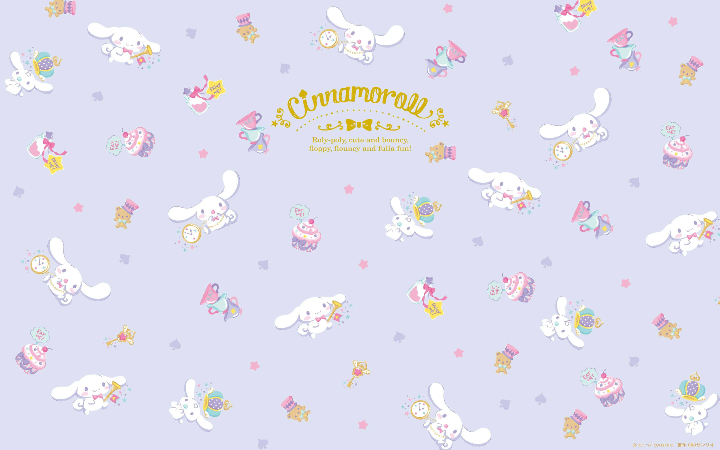 Cinnamoroll Laptop 桌布 壁紙 — Cinnamoroll 角色在柔和的薰衣草背景上，與粉彩杯子蛋糕和星星一起俏皮地漂浮。