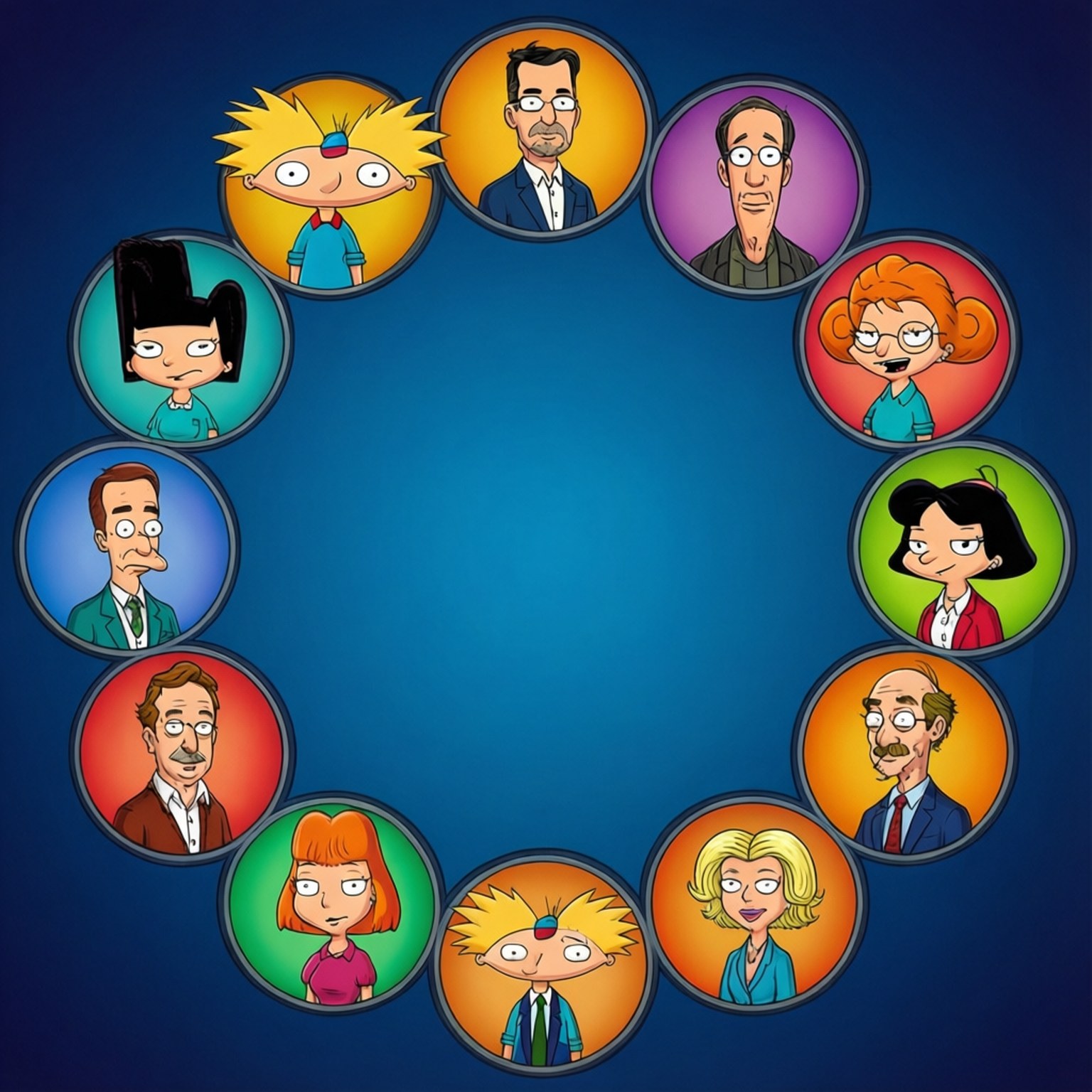 Circle of Characters 壁紙 — 圓形排列的卡通角色肖像，置於彩色圓圈內，背景為藍色漸變。