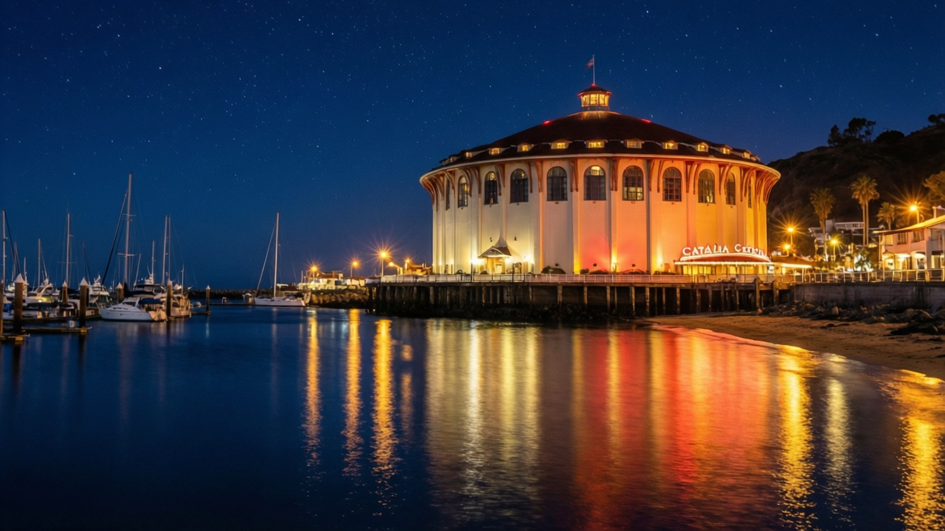 Casino Night Glow 壁紙 — 一座圓形照明建築在夜晚溫暖地倒映在平靜的水面上，星空下附近停泊著帆船。