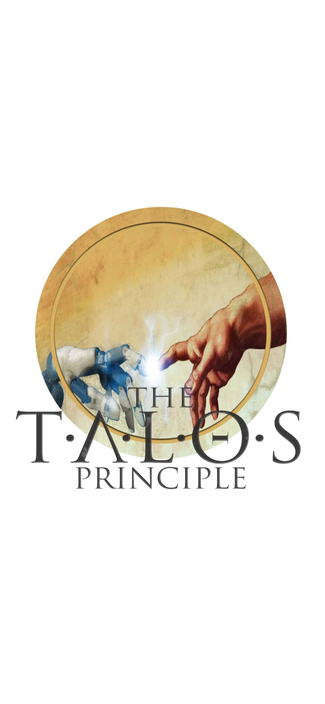 iPhone Xs The Talos Principle 桌布 壁紙 — The Talos Principle 的圓形標誌，有一隻人類的手和一隻機械手互相伸向對方，之間有發光的光線。