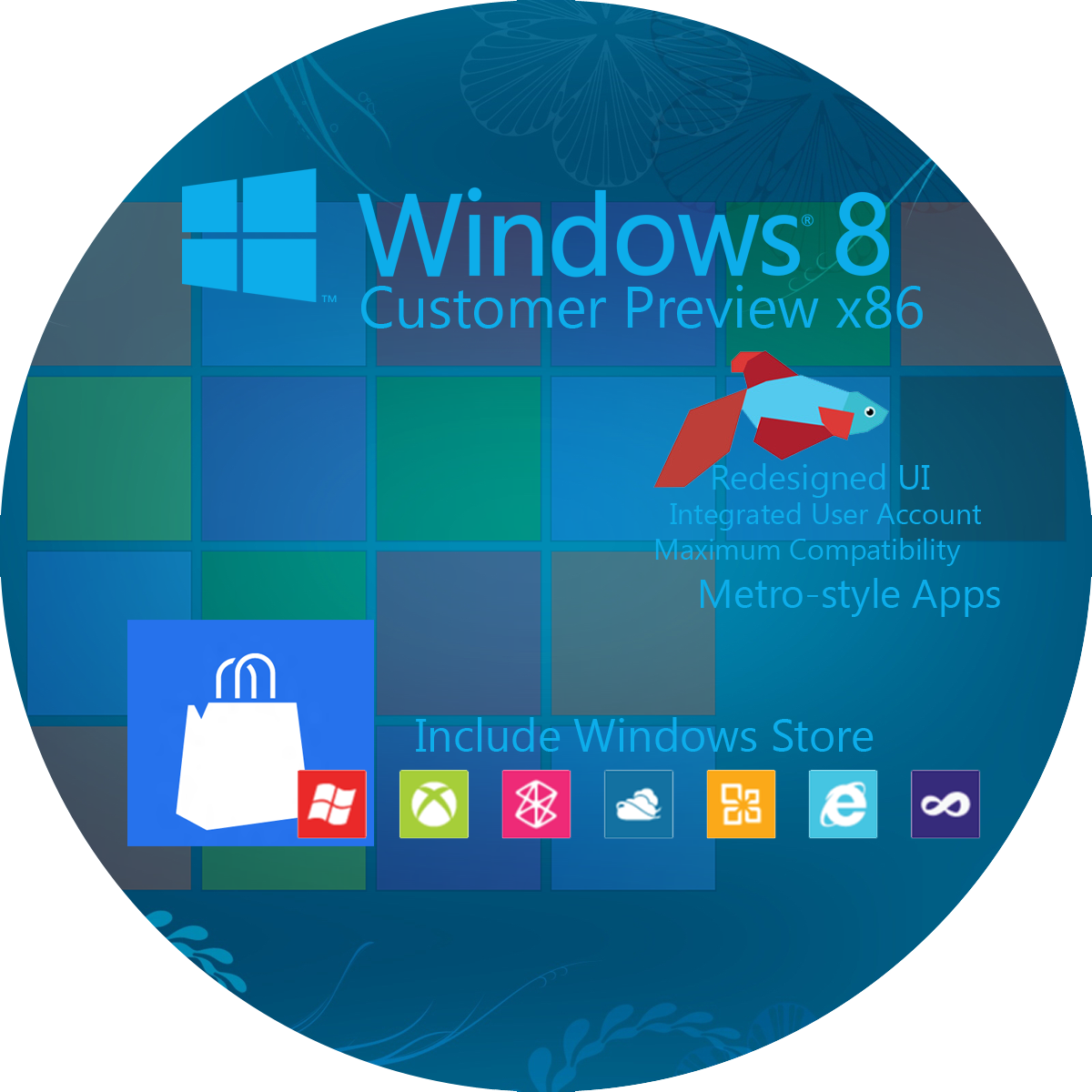 Windows 8 Customer Preview x86 宣傳圖形，帶有應用程式圖示和磁磚設計。 — Windows 11 壁紙