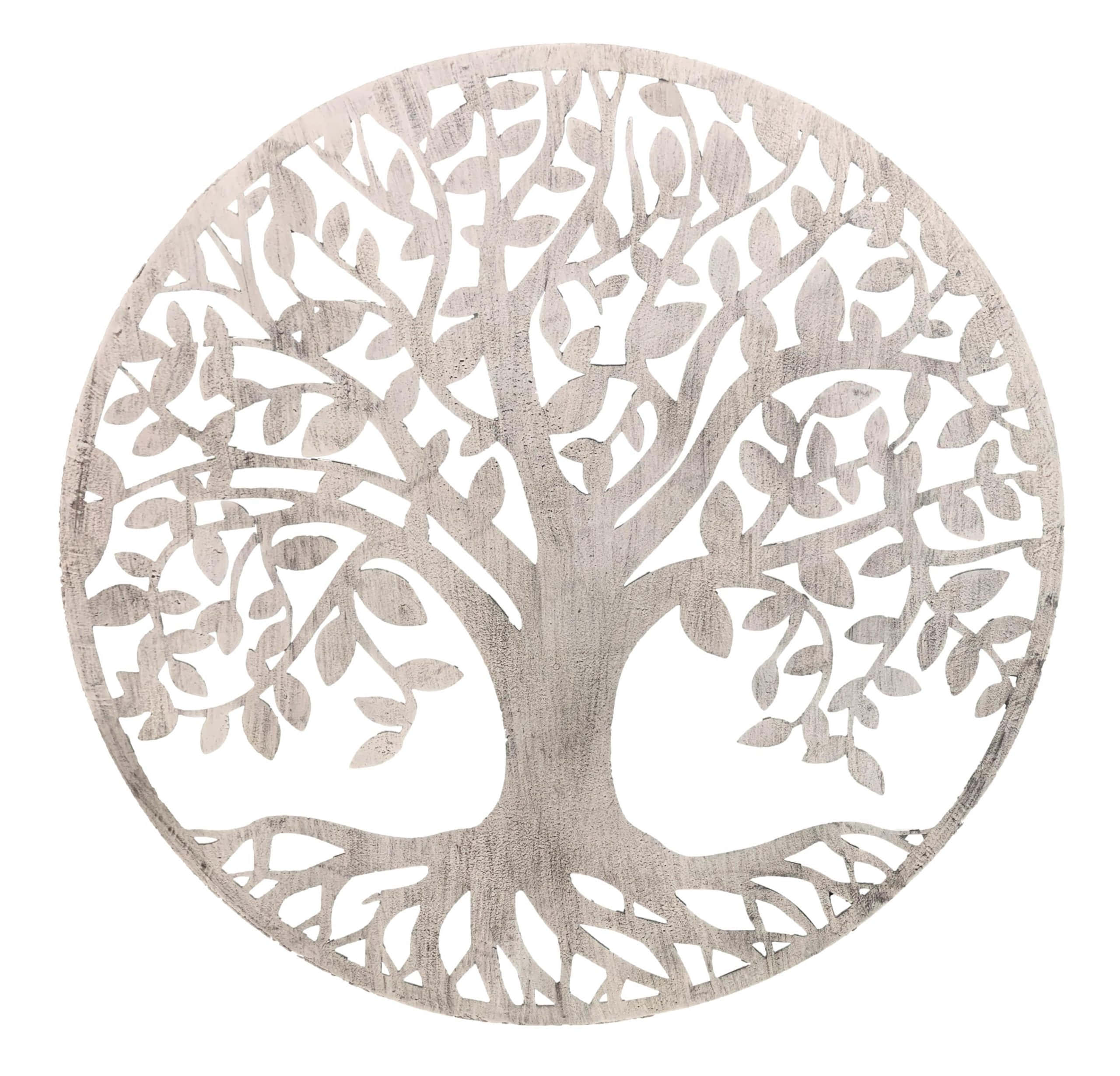 Tree Of Life 桌布 壁紙 — 一個圓形木製樹木剪影，帶有複雜的樹枝和樹根，背景為白色。