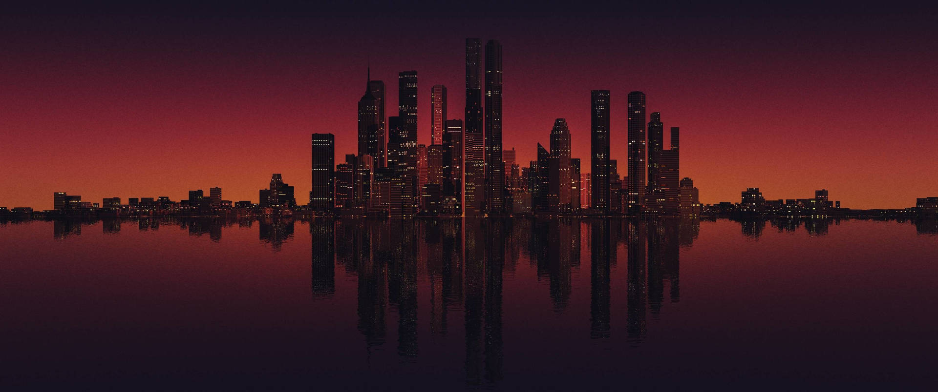 黃昏城市天際線，建築物倒映在水中，天空呈紅色 — 3440X1440 壁紙